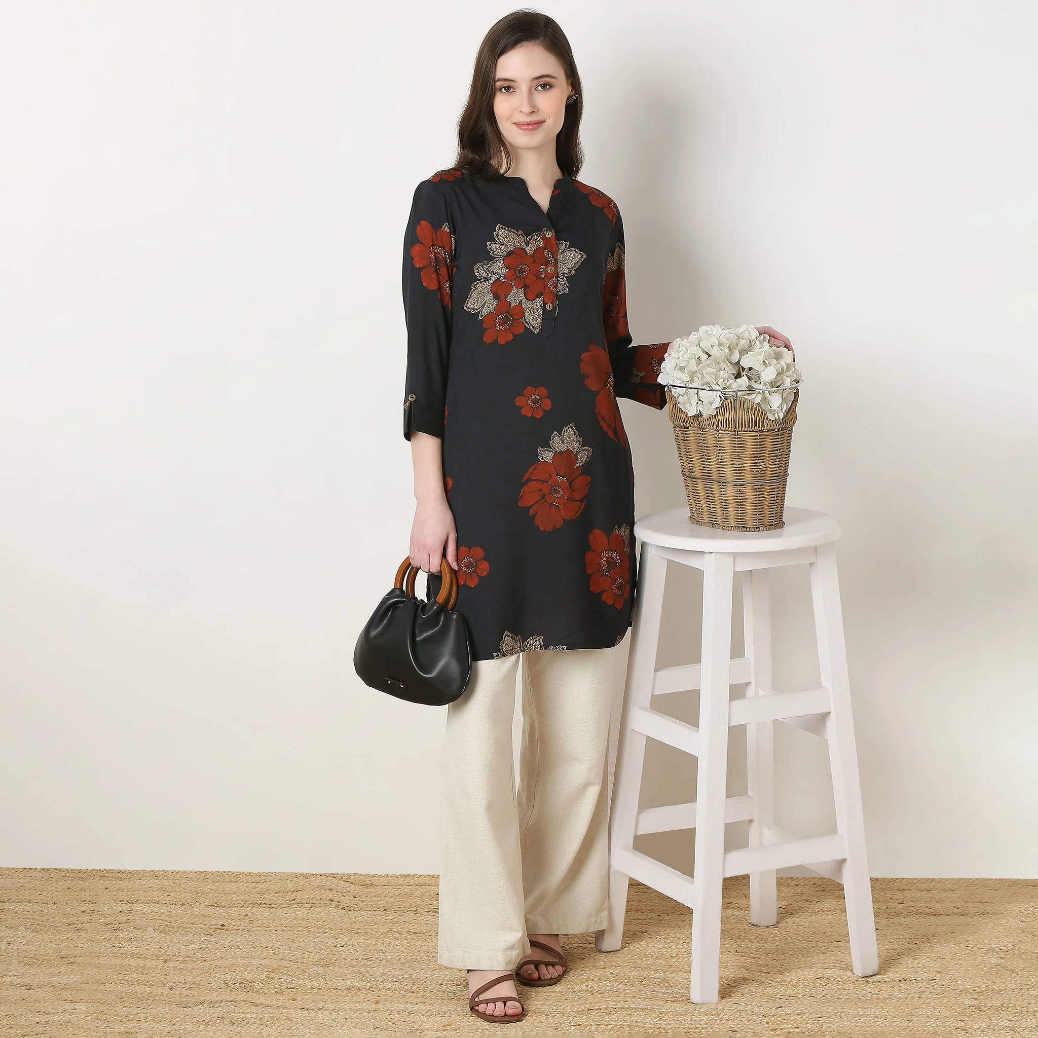 Printed Band Collar Straight Kurta