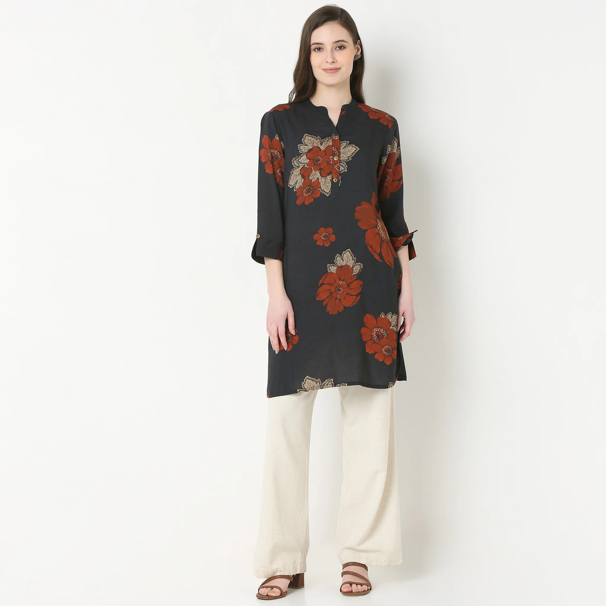 Printed Band Collar Straight Kurta - Image 2