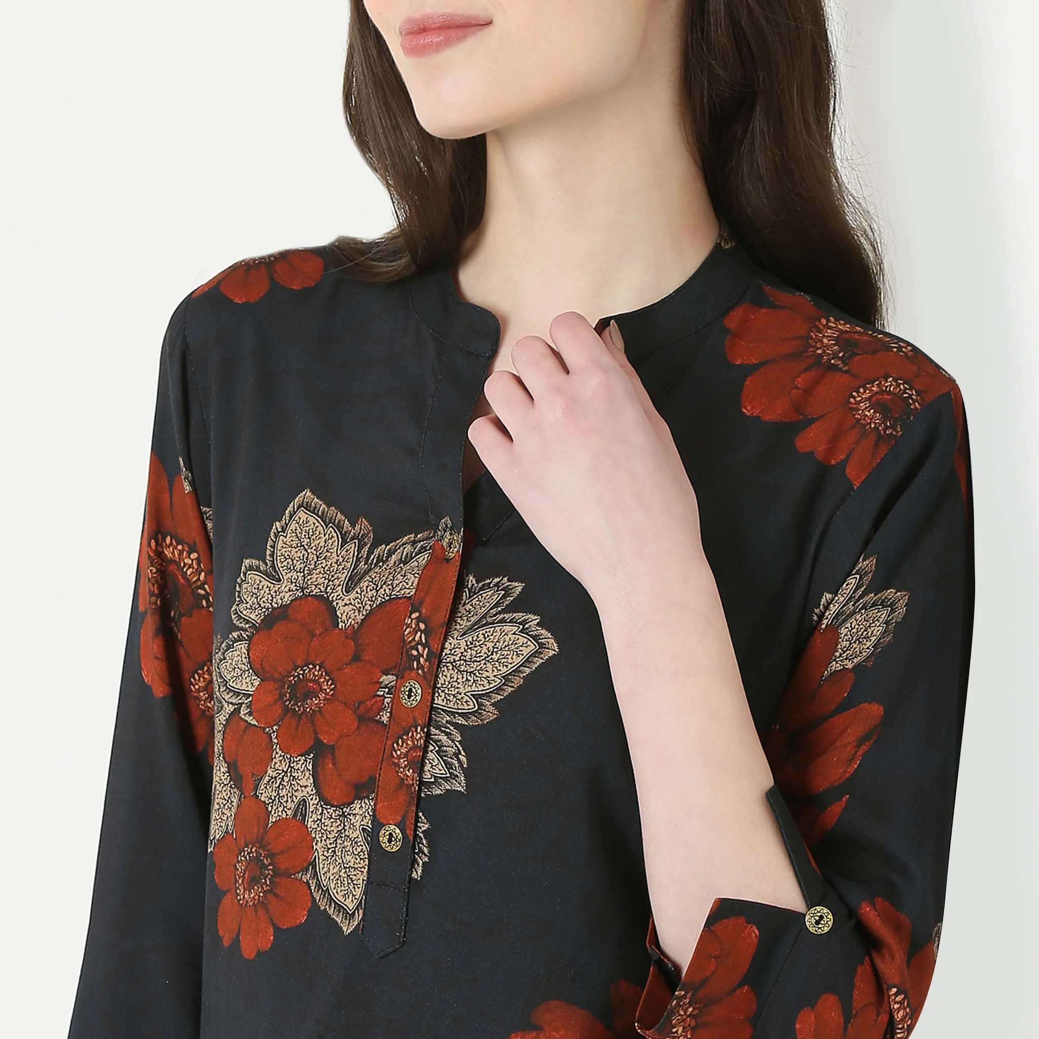 Printed Band Collar Straight Kurta - Image 4