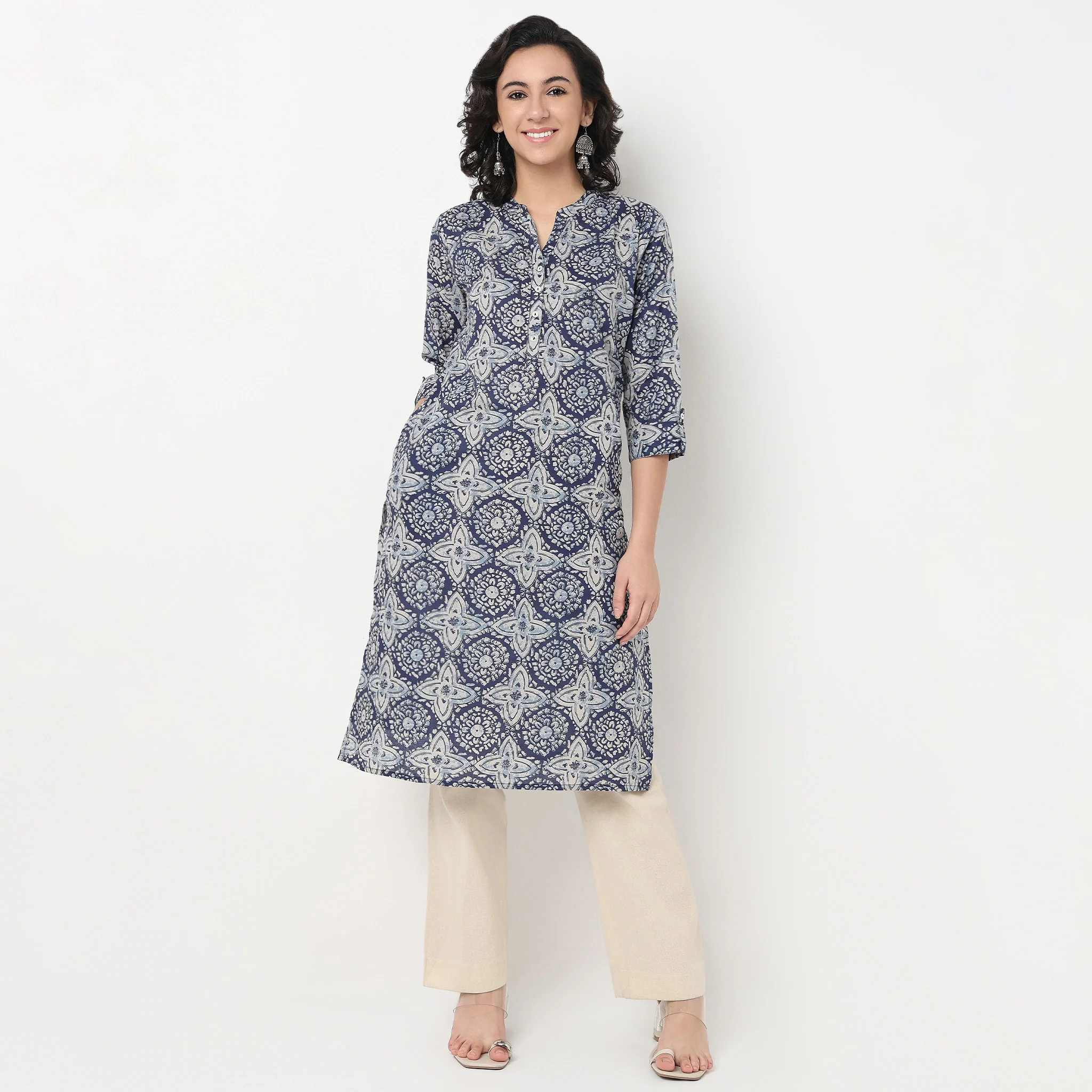 Printed Band Neck Cambric Half Placket Kurta - Image 2