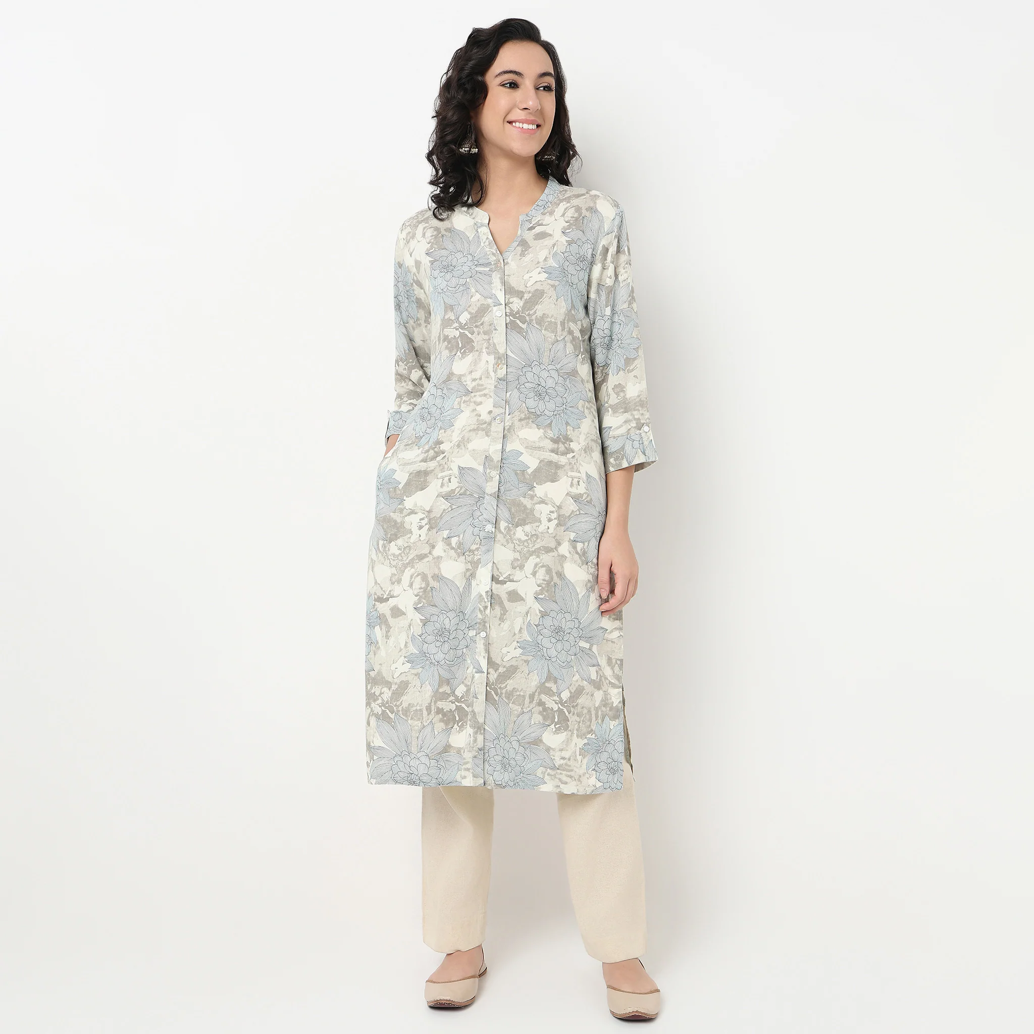 Printed Band Neck Full Placket Long Kurta - Image 2