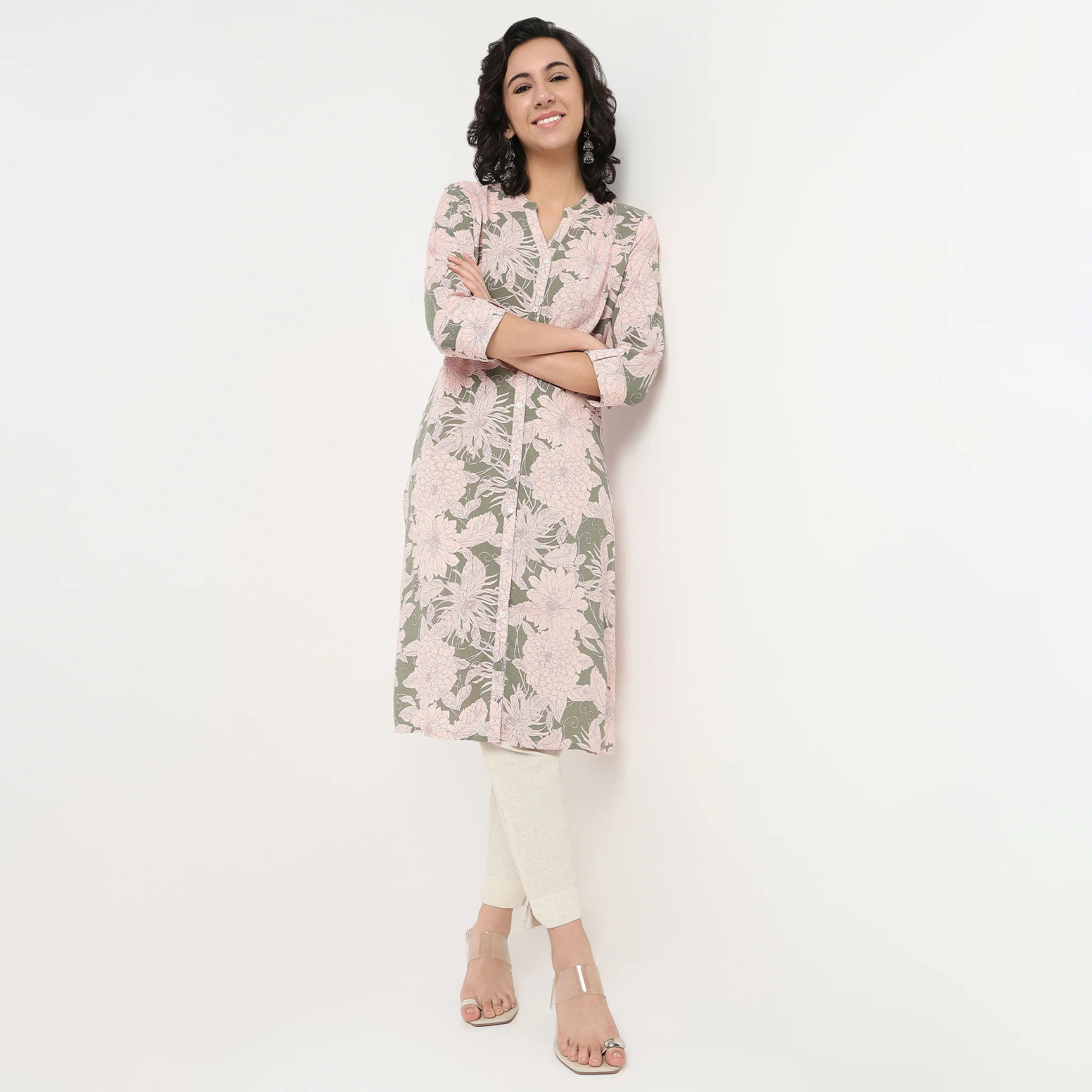 Printed Band Neck Full Placket Long Kurta