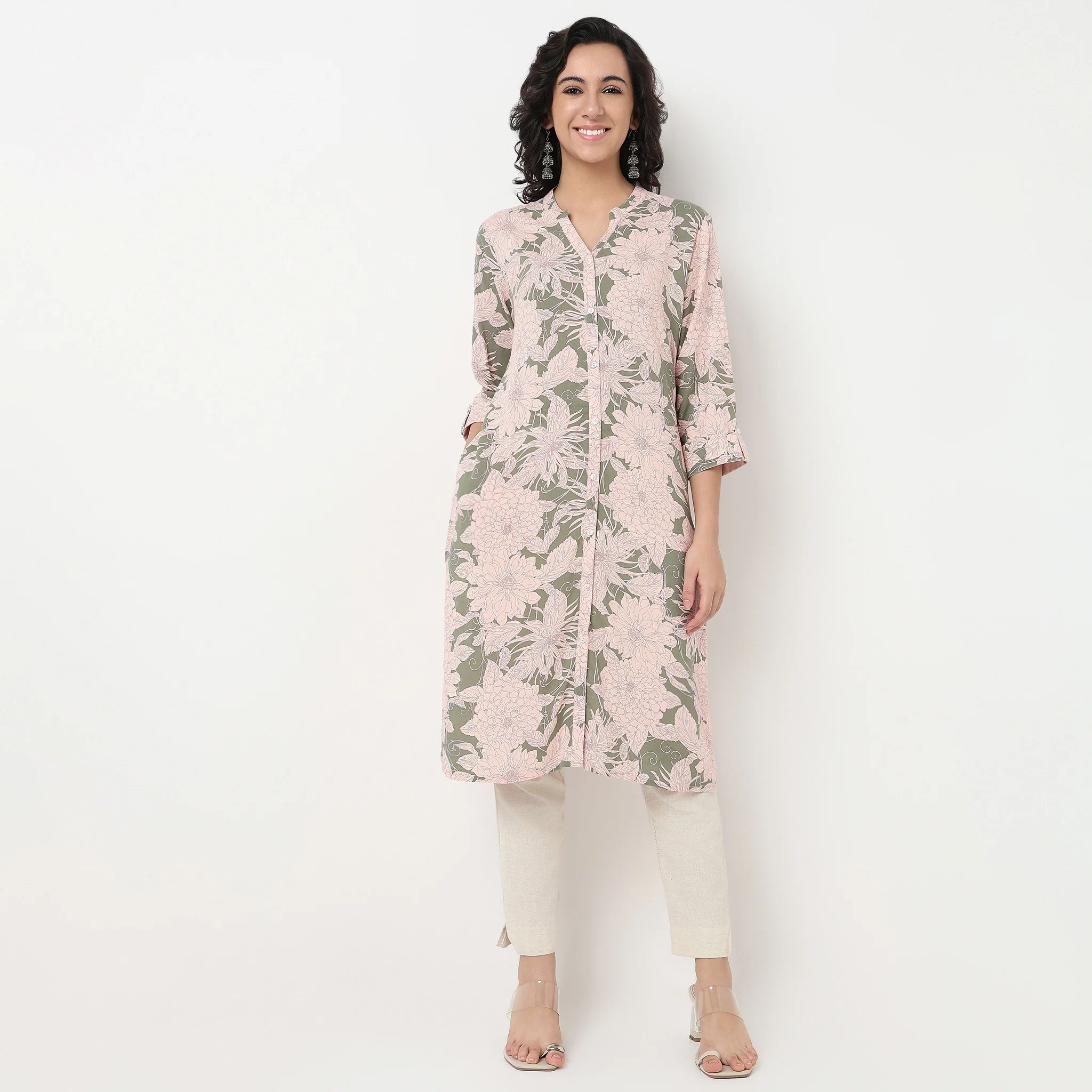 Printed Band Neck Full Placket Long Kurta - Image 2