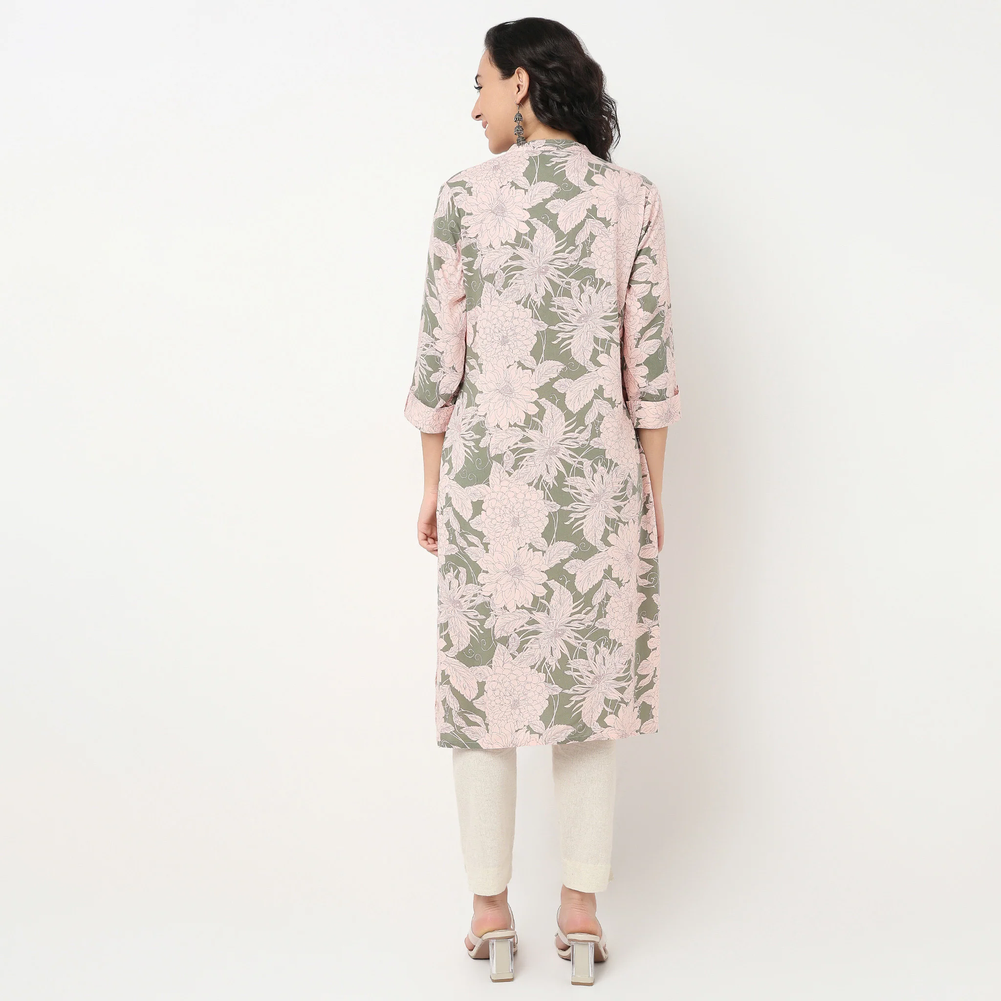 Printed Band Neck Full Placket Long Kurta - Image 3