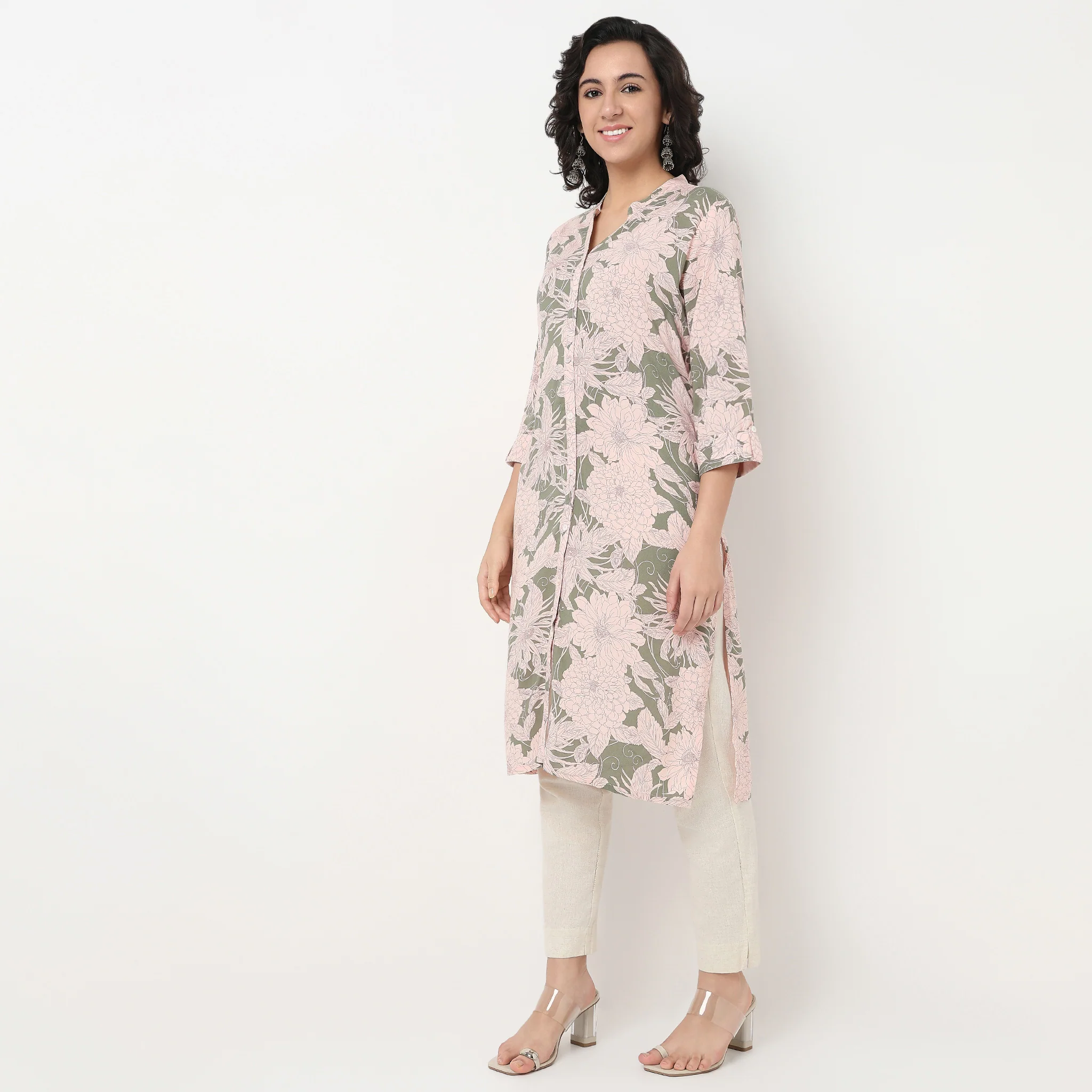 Printed Band Neck Full Placket Long Kurta - Image 5