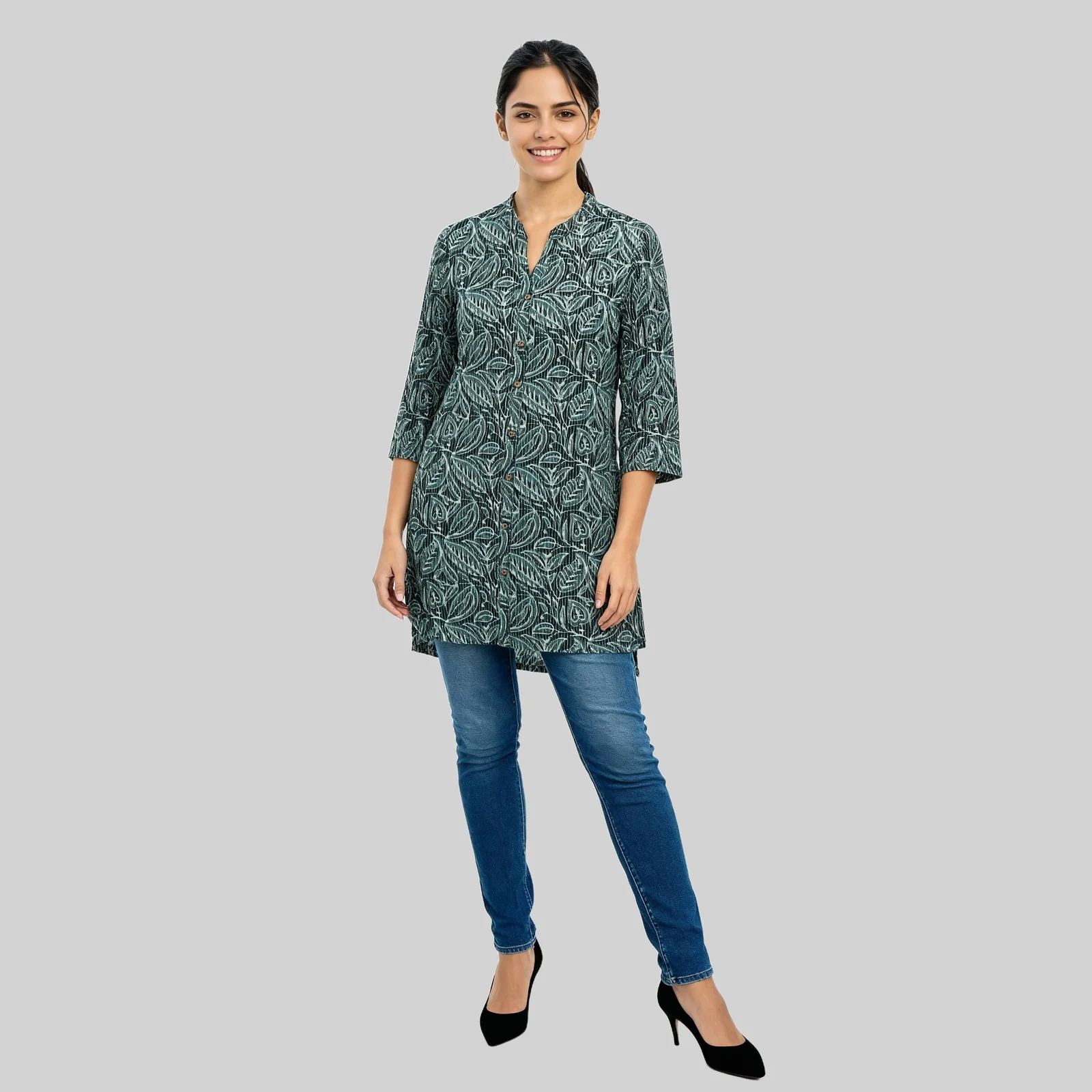Printed Band Neck Short Kurta - Image 2
