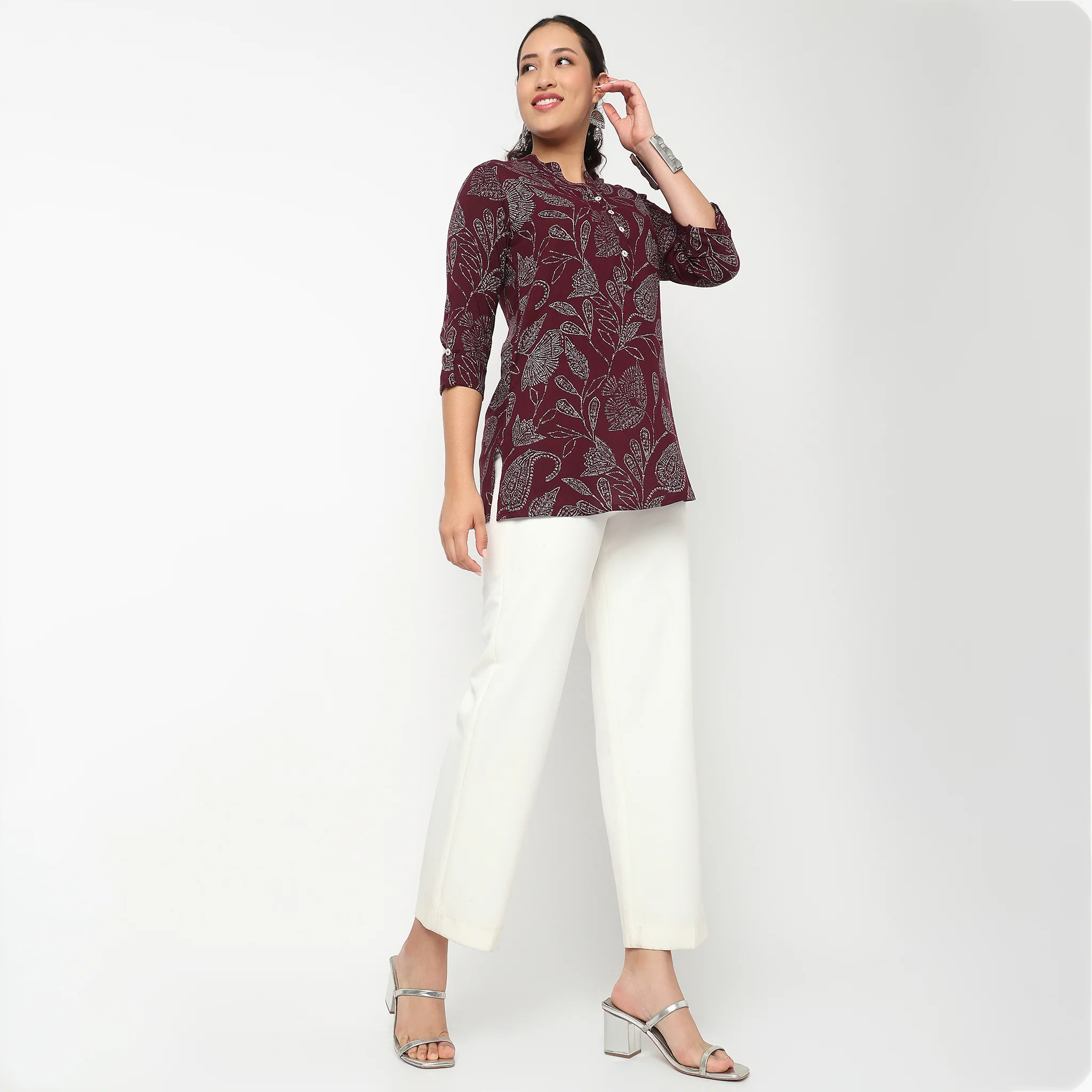 Printed Band Neck Short Kurti