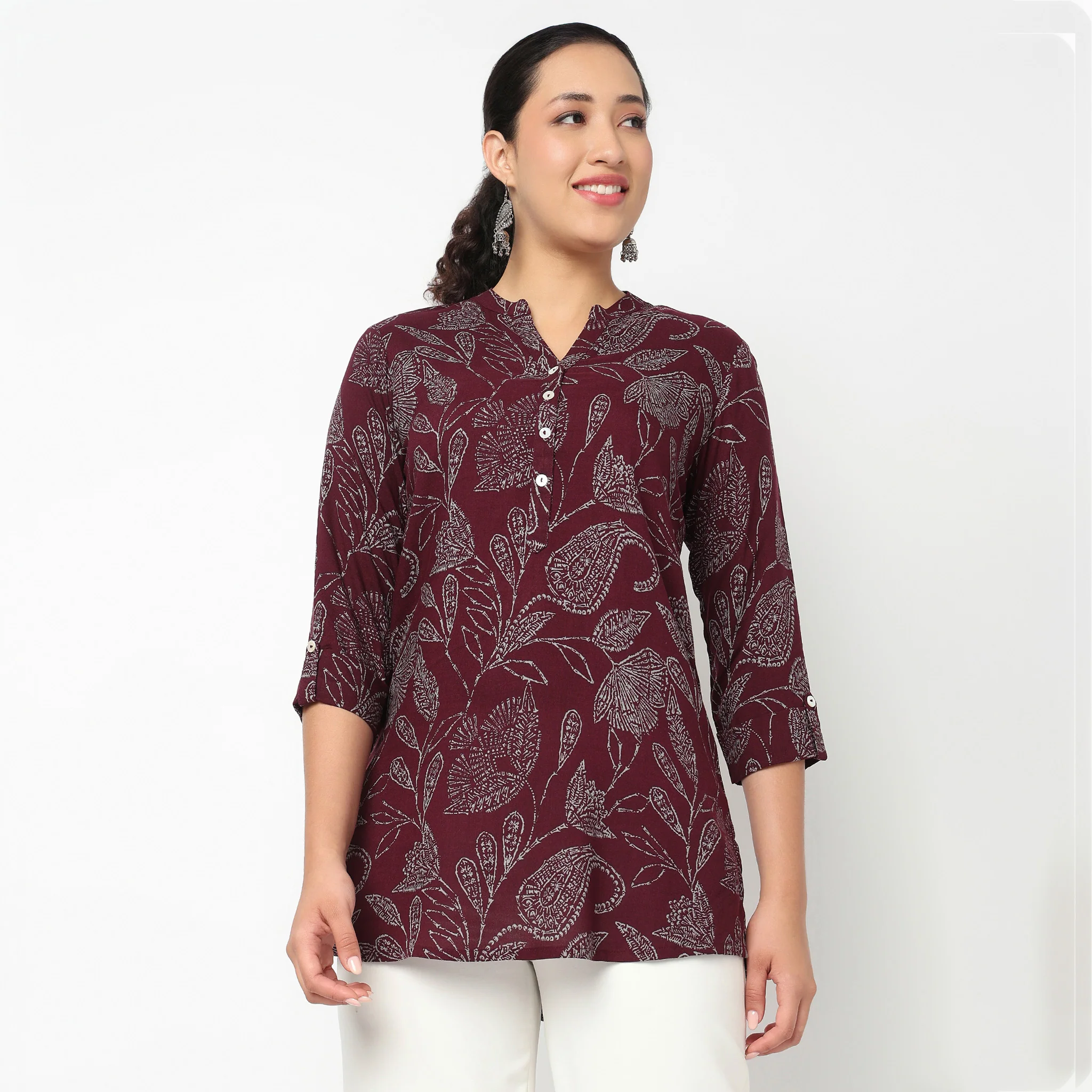 Printed Band Neck Short Kurti - Image 2