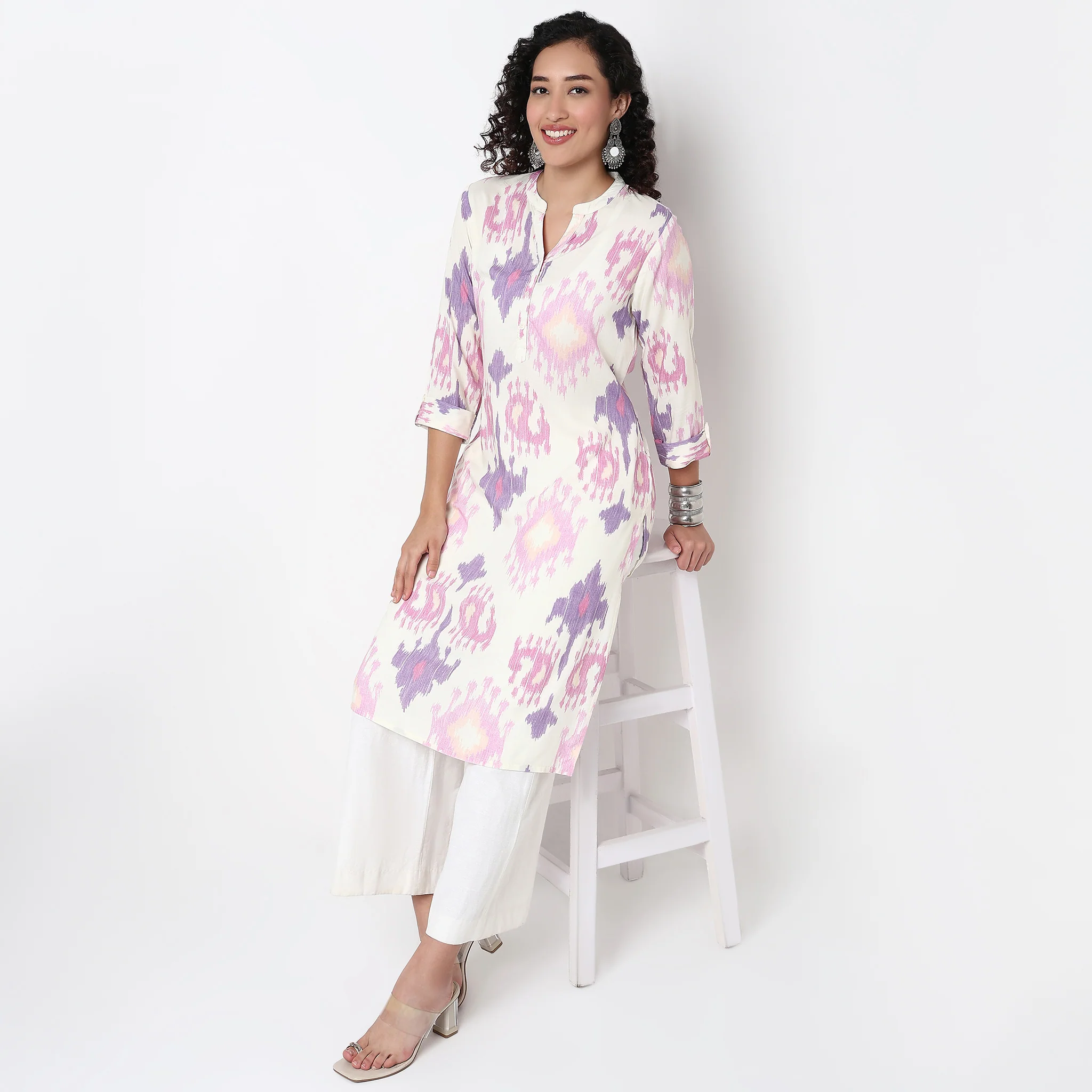 Printed Band Neck Half Placket Kurta