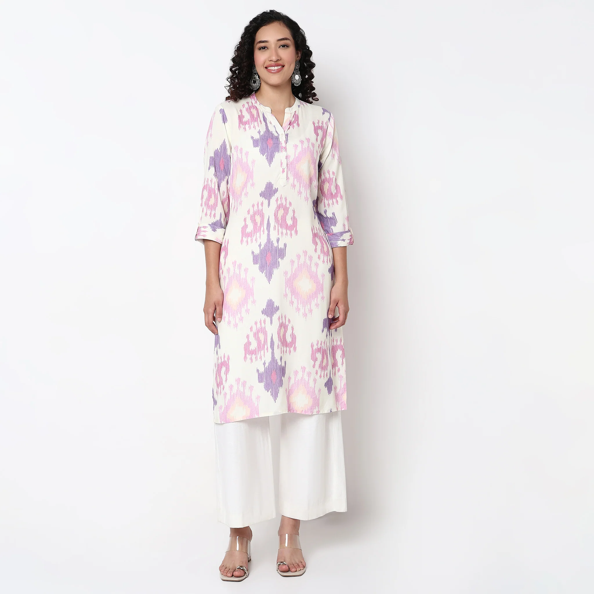 Printed Band Neck Half Placket Kurta - Image 2
