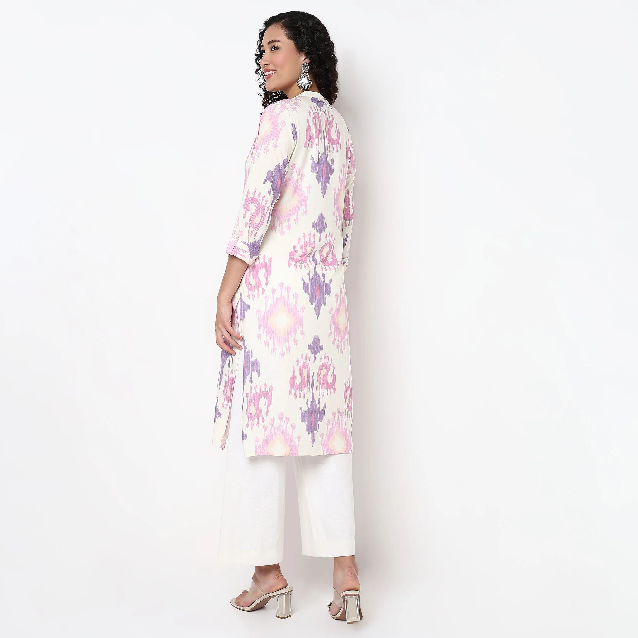 Printed Band Neck Half Placket Kurta - Image 3