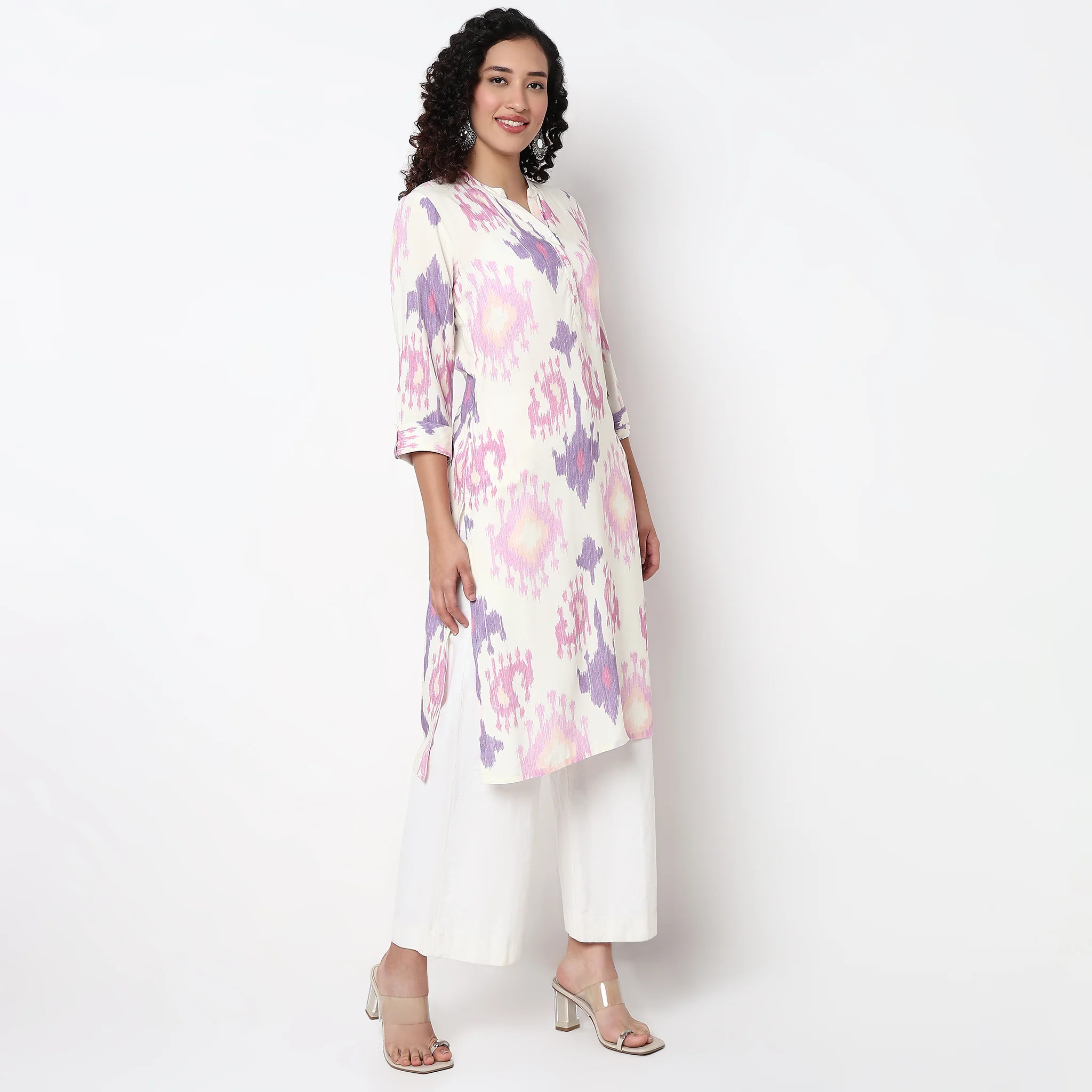 Printed Band Neck Half Placket Kurta - Image 5