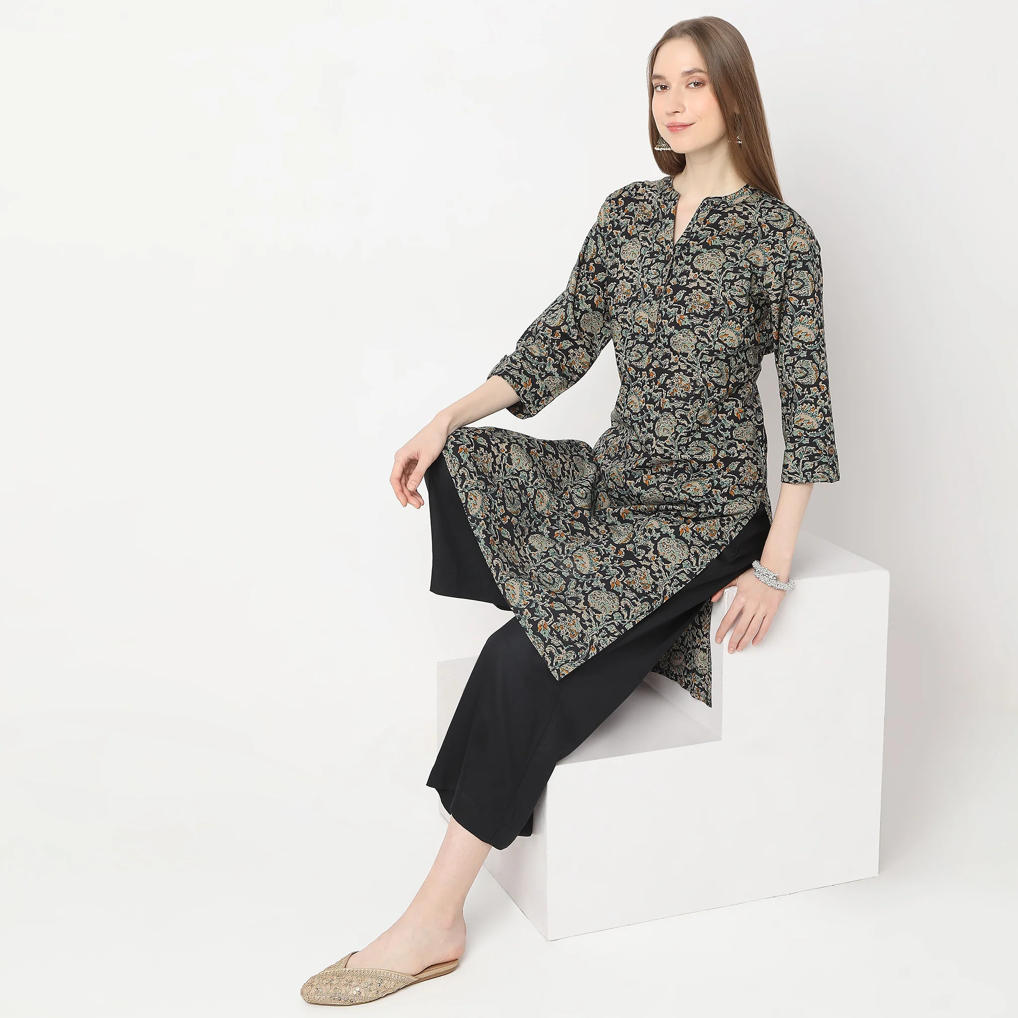 Printed Band Neck Kurta