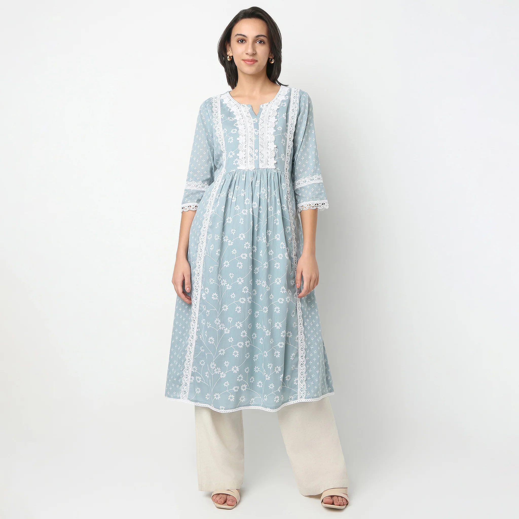 Printed Below Knee Flared Placket Kurta - Image 2