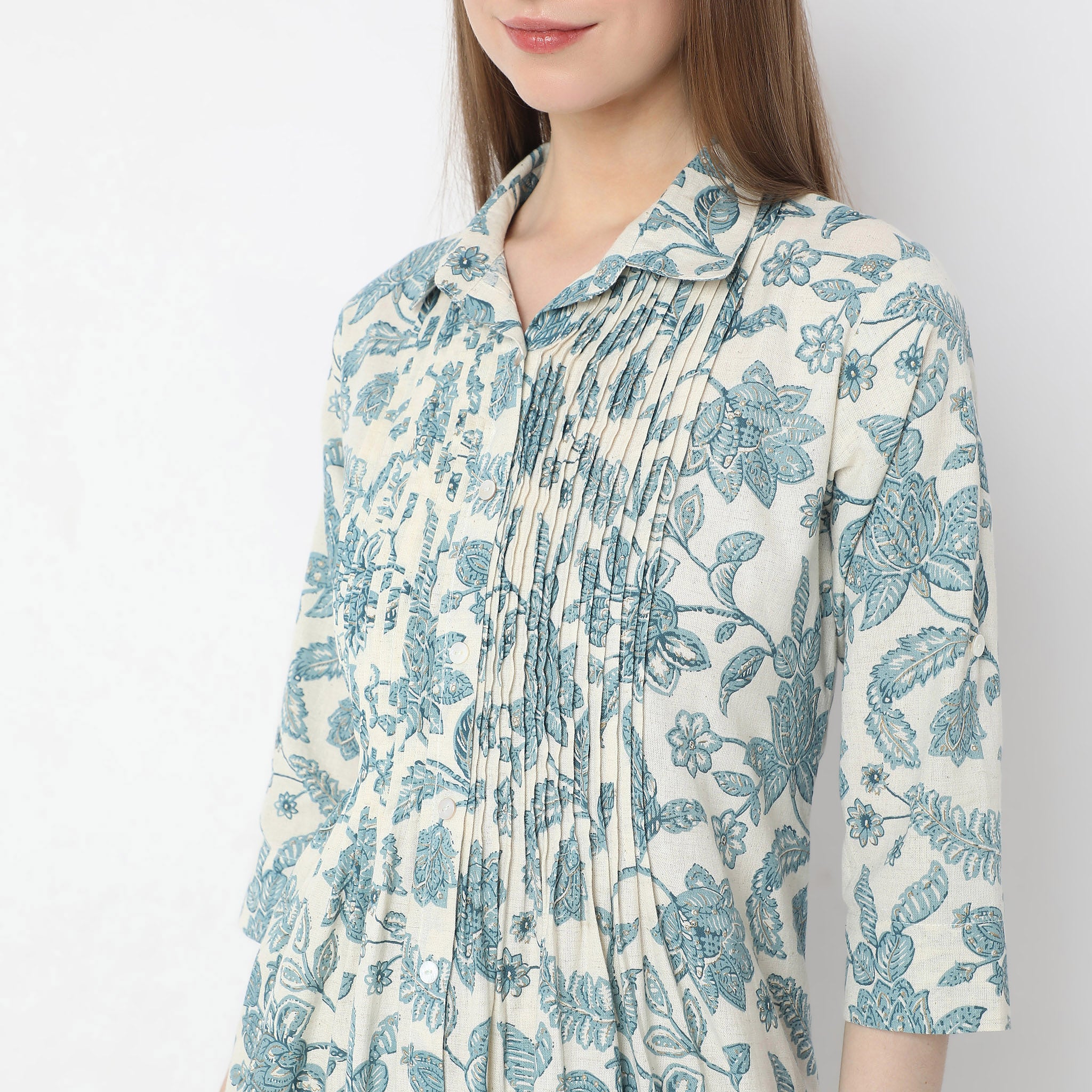 Printed Below Knee Shirt Collar Flared Kurta - Image 4