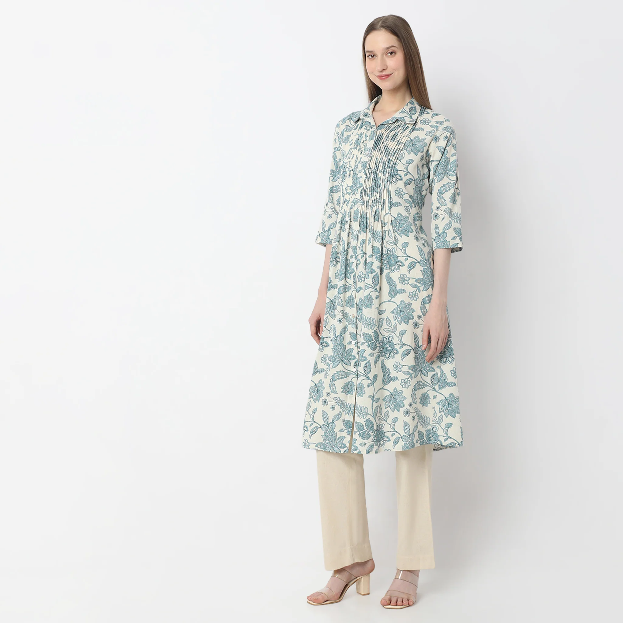 Printed Below Knee Shirt Collar Flared Kurta - Image 5
