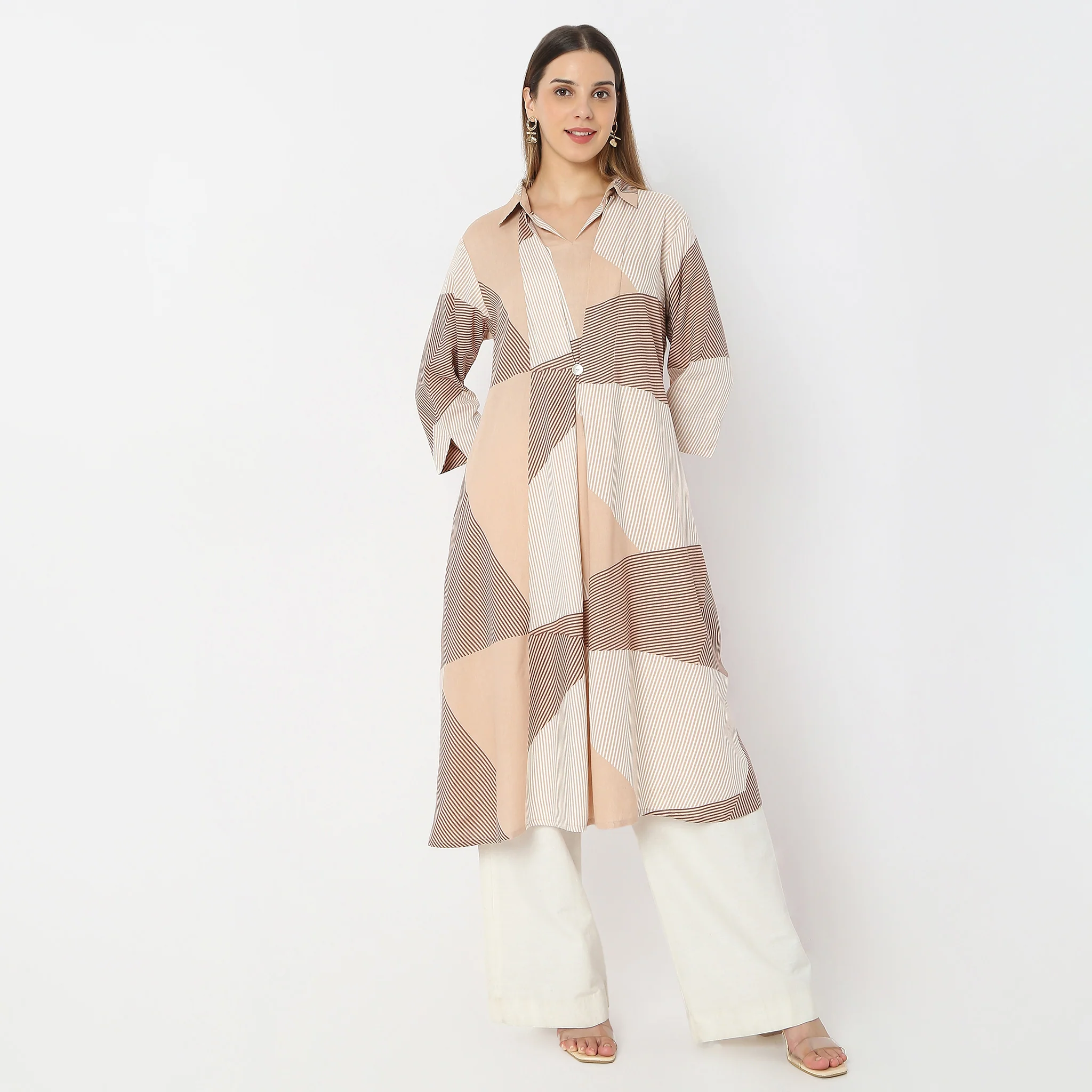 Printed Below Knee Shirt Collar Flared Kurta