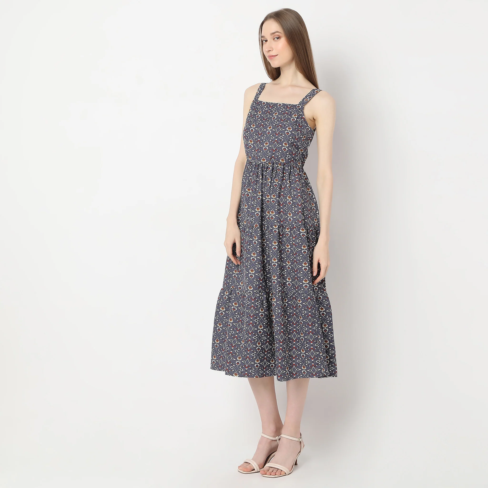 Printed Below Knee Square Neck Dress - Image 5