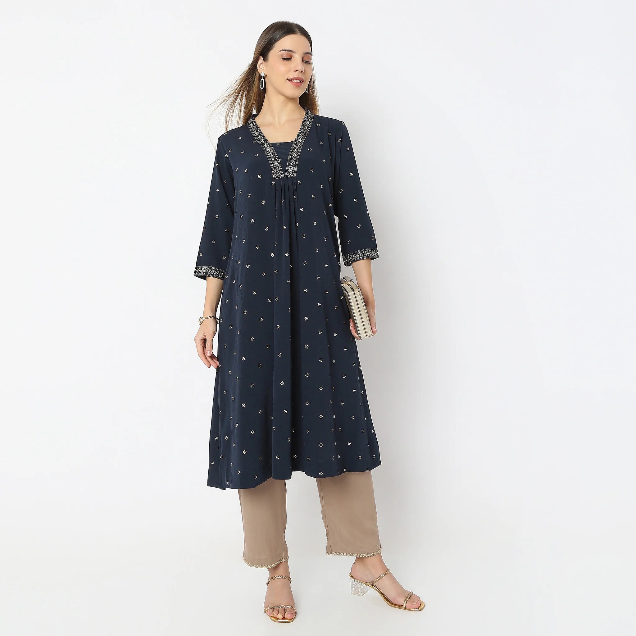 Printed Below Knee V-Neck Flared Kurta