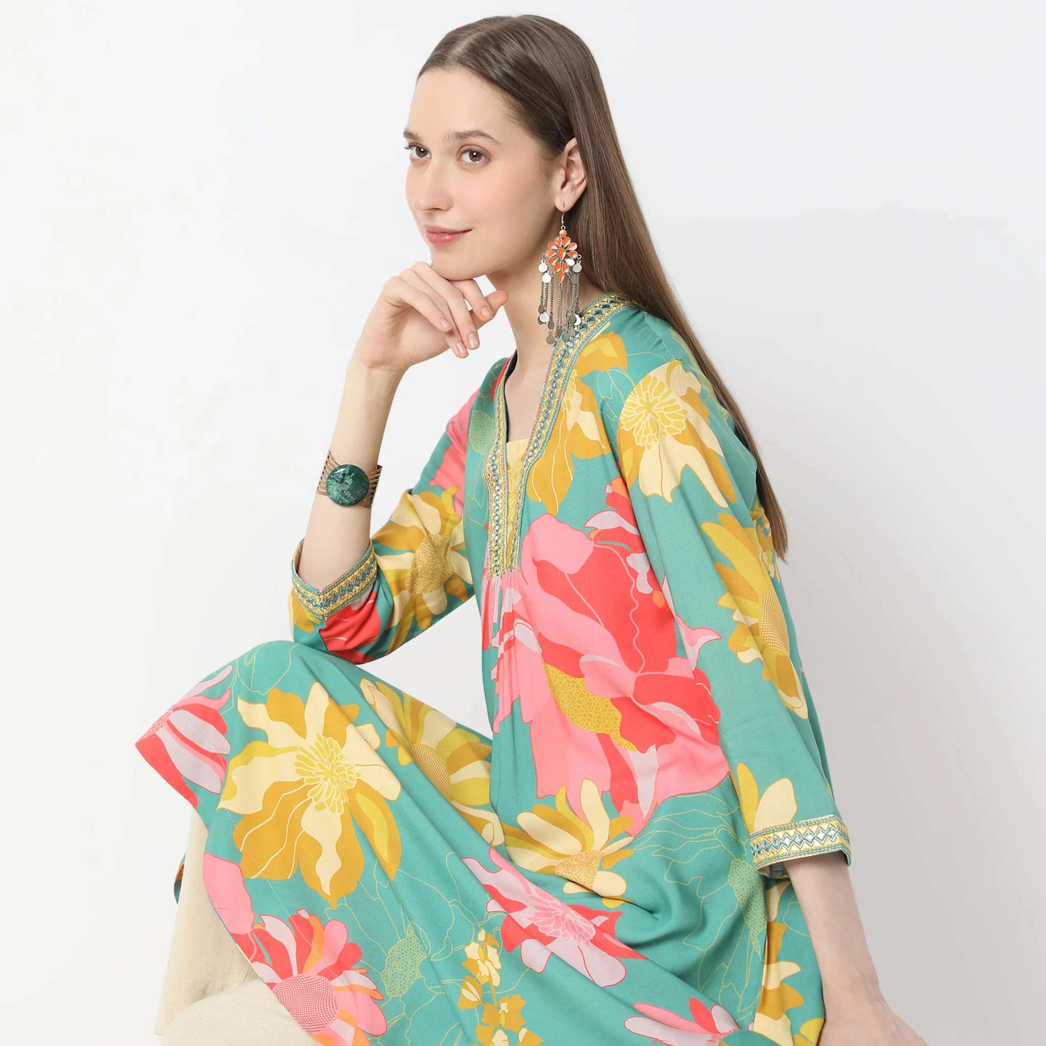 Printed Below Knee V-Neck Flared Kurta