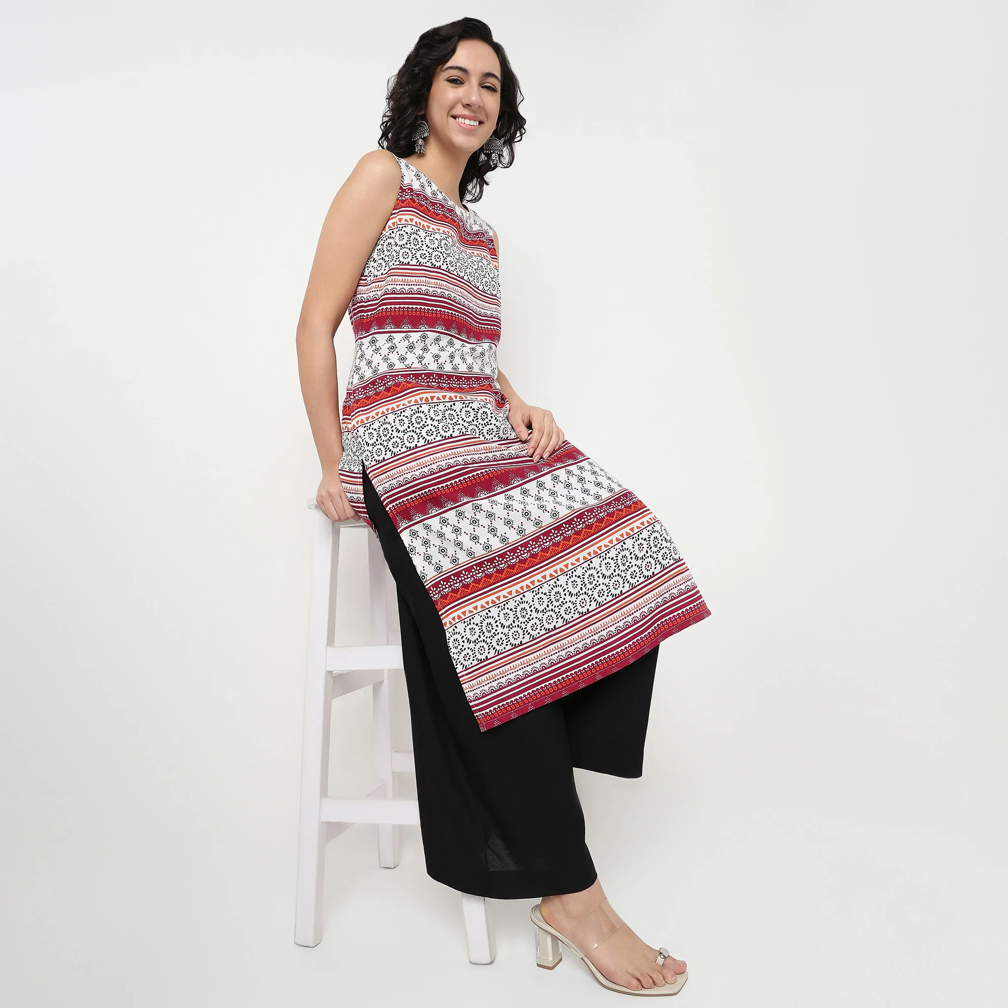 Printed Boat Neck Long Kurta