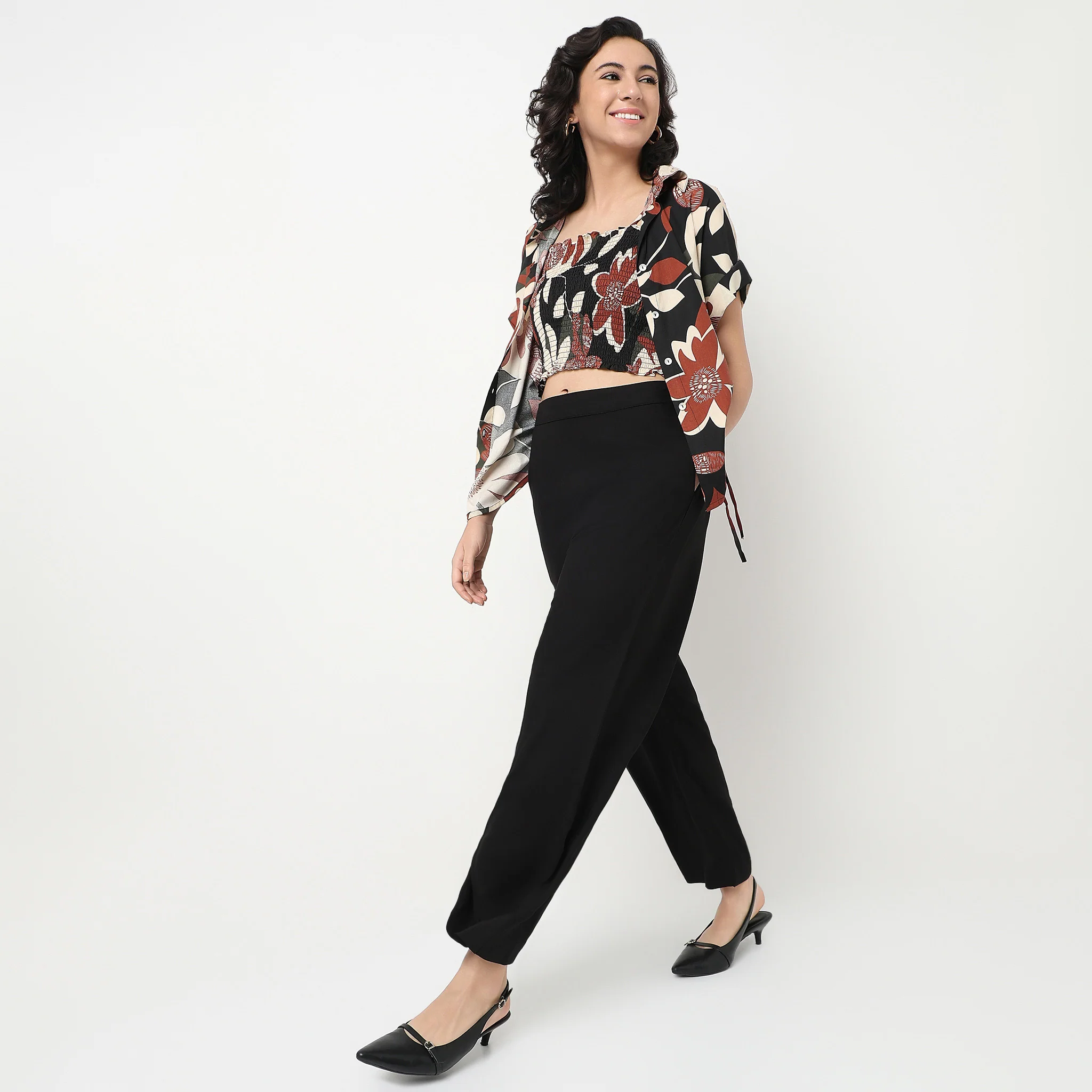 Printed Boxy Fit Shirt Collar Shrug With Smocked Croptop And Pants Set