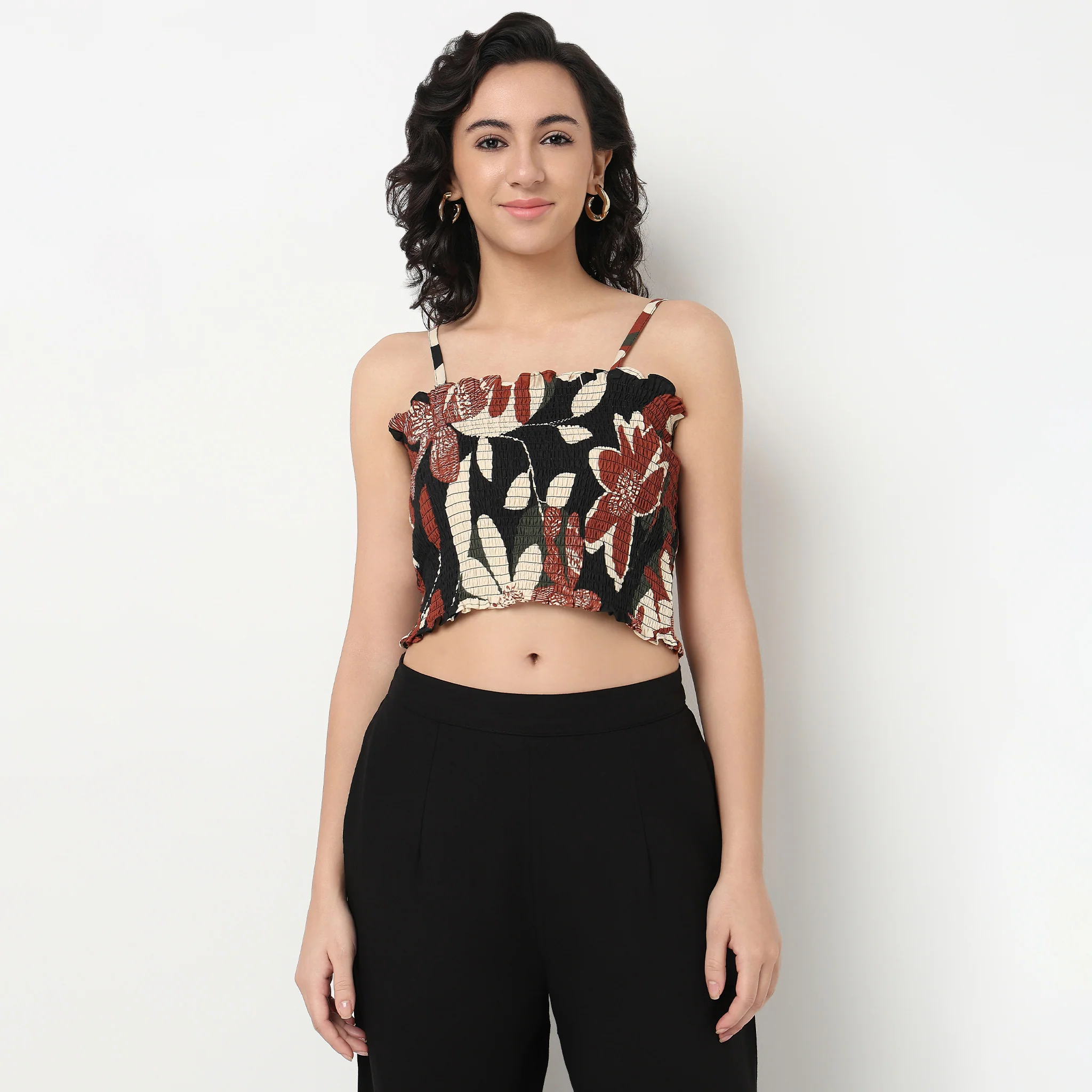 Printed Boxy Fit Shirt Collar Shrug With Smocked Croptop And Pants Set - Image 8