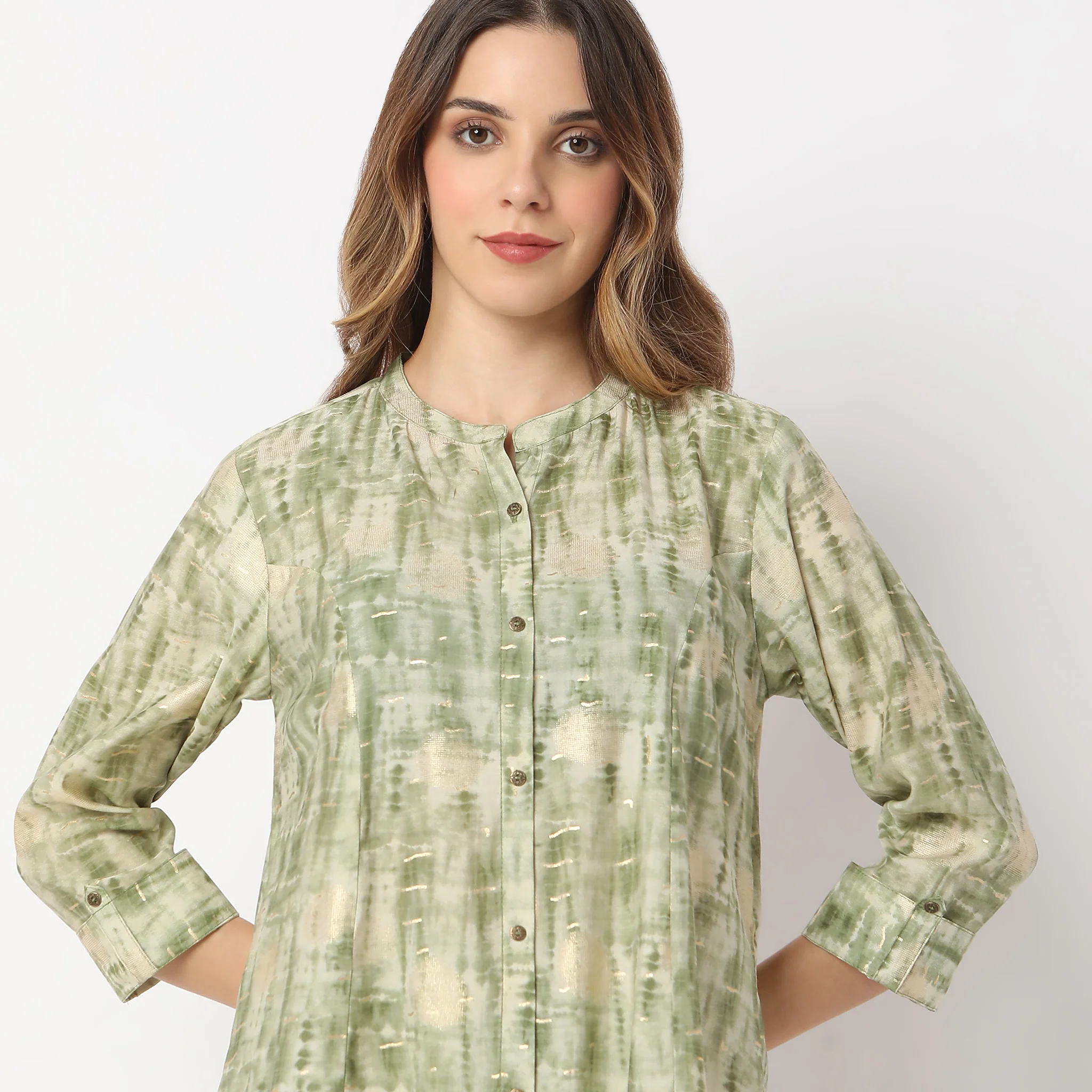 Printed Calf Length Camp Collar A Line Kurta With Pant Set - Image 4