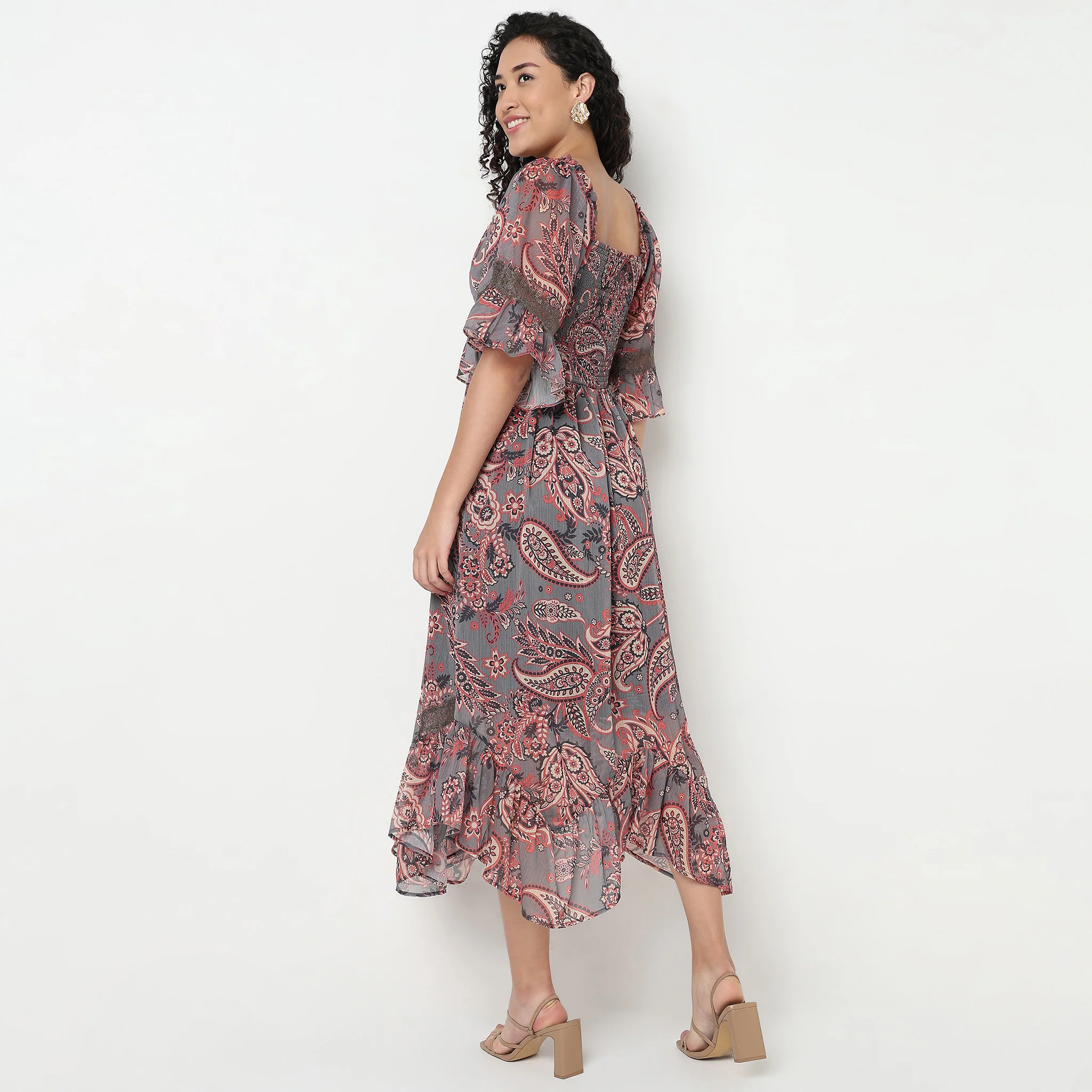 Printed Square Neck Flared Dress - Image 3