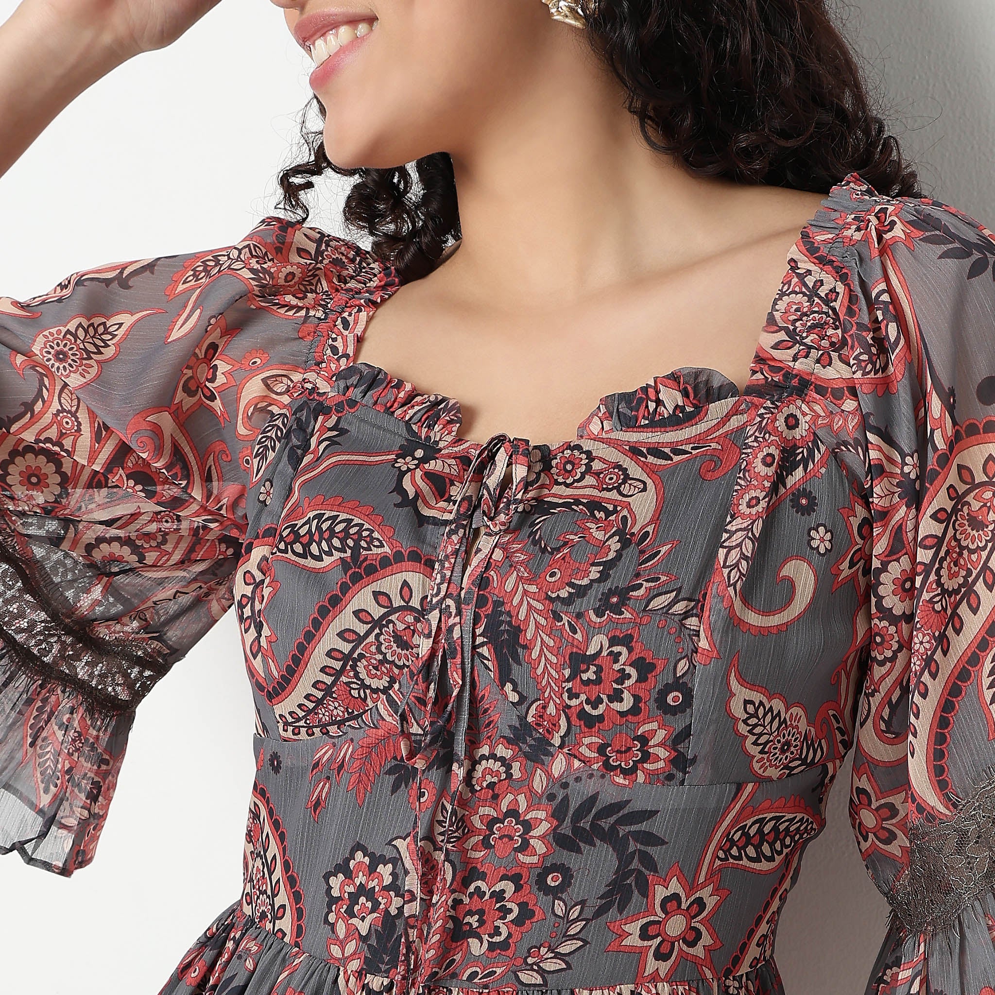 Printed Square Neck Flared Dress - Image 4