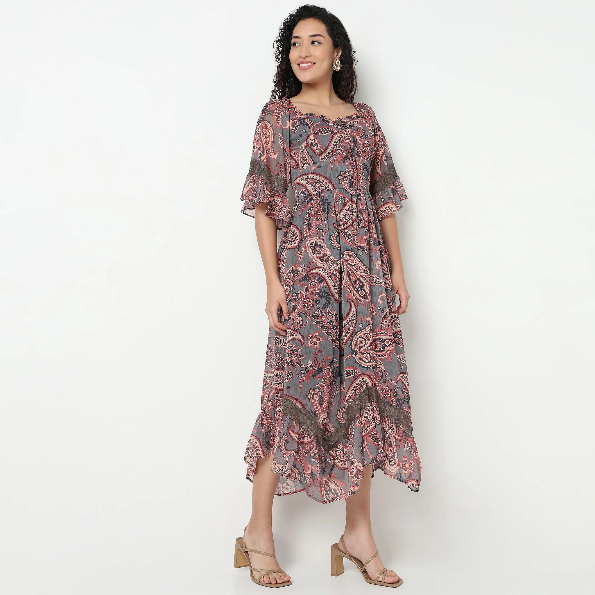 Printed Square Neck Flared Dress - Image 5