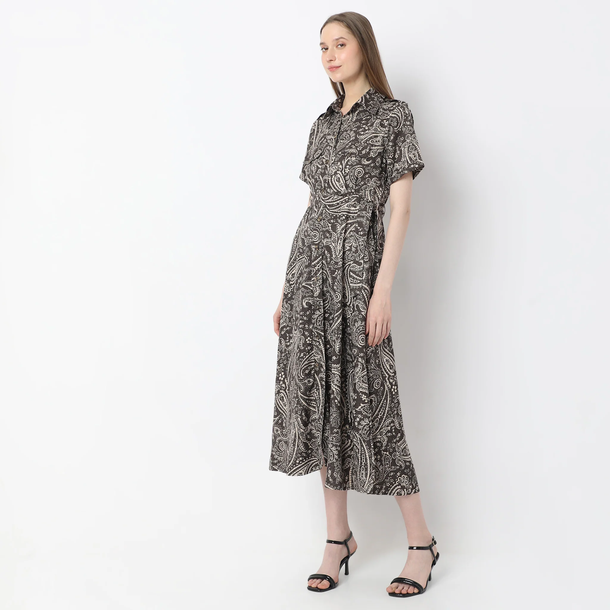Printed Calf Length Shirt Collar Luxe Short Sleeve Dress - Image 10