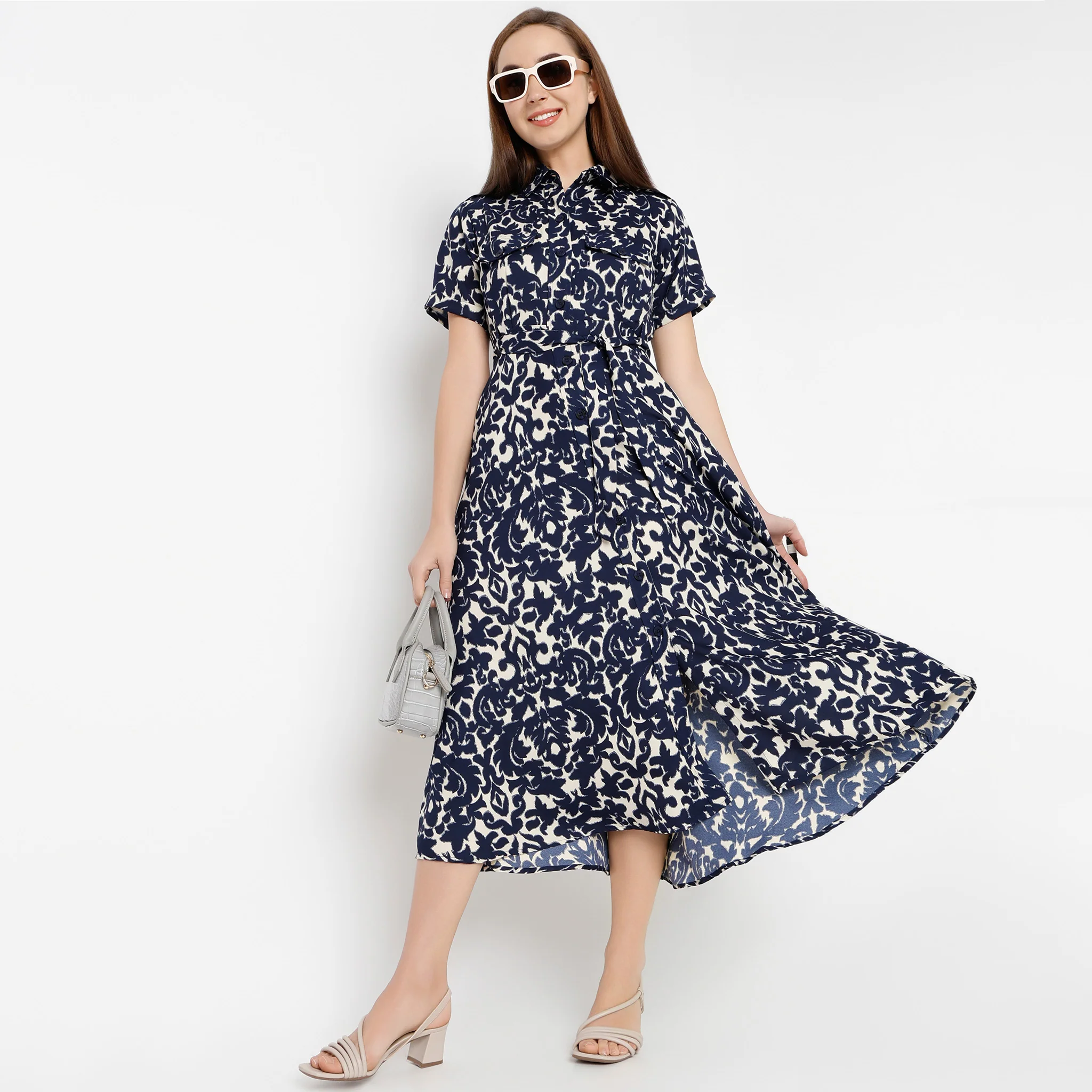 Printed Calf Length Shirt Collar Luxe Short Sleeve Dress - Image 11