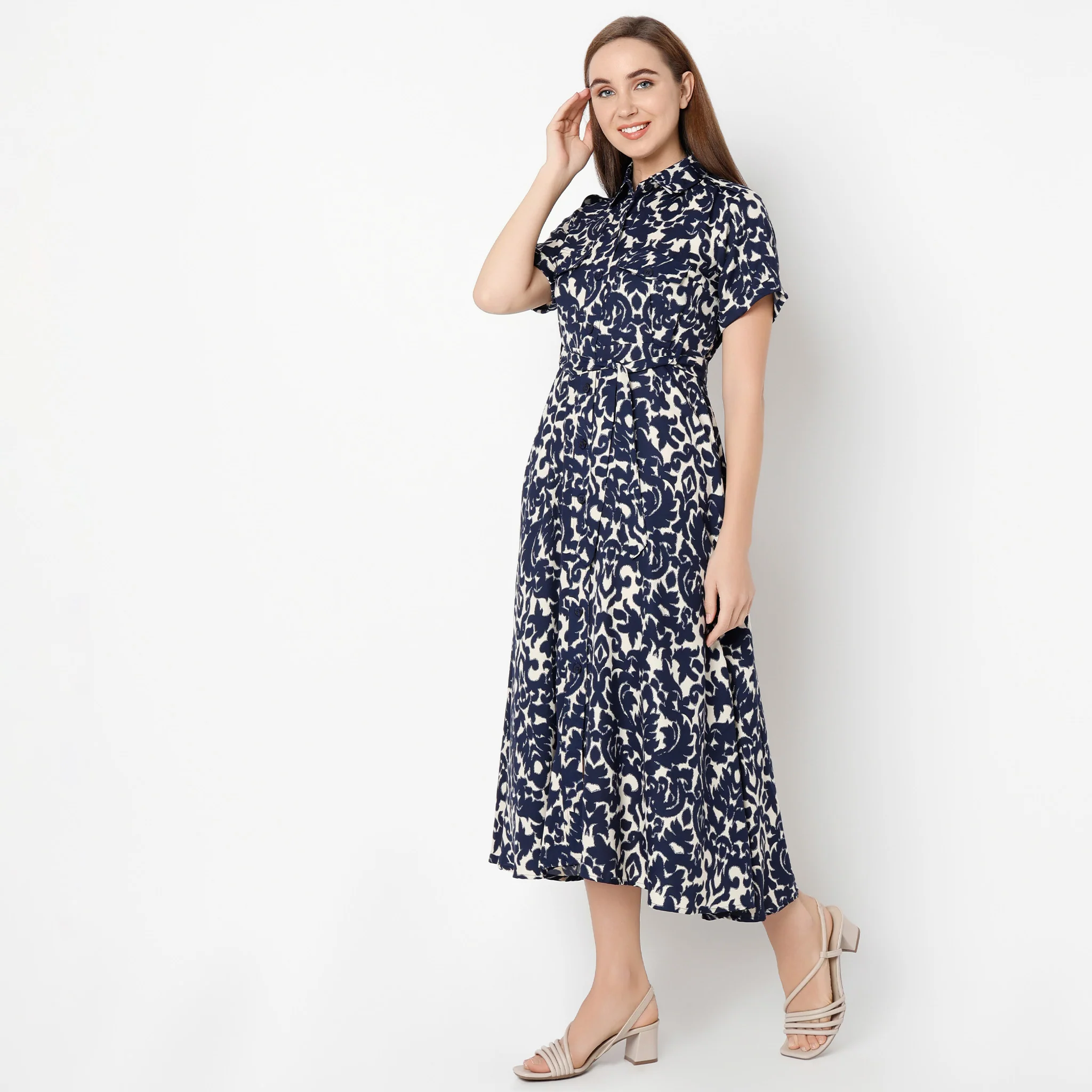 Printed Calf Length Shirt Collar Luxe Short Sleeve Dress - Image 12