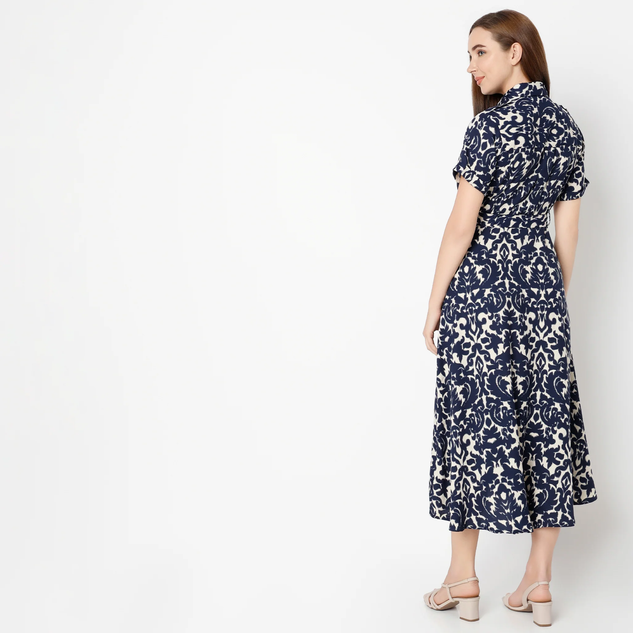 Printed Calf Length Shirt Collar Luxe Short Sleeve Dress - Image 13