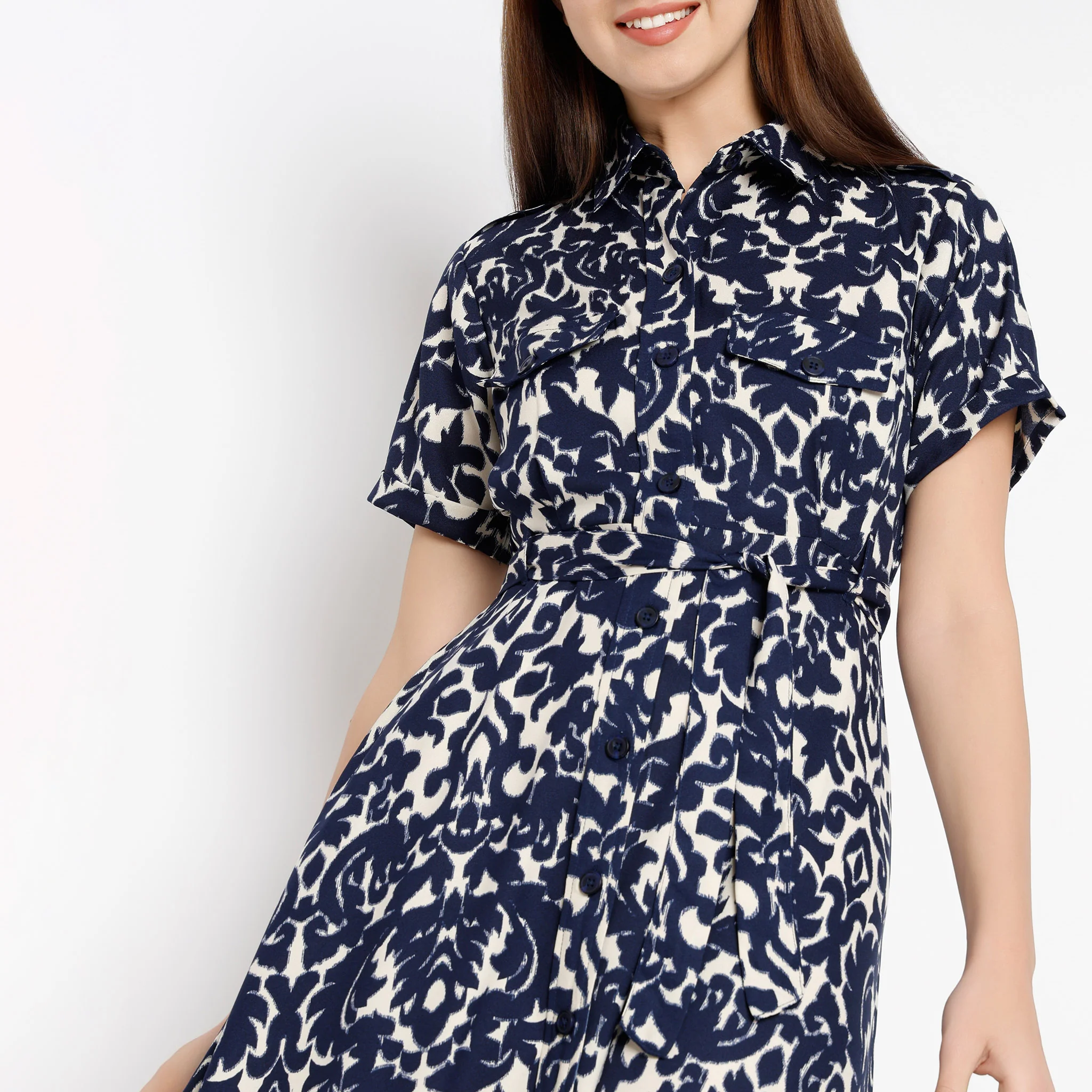 Printed Calf Length Shirt Collar Luxe Short Sleeve Dress - Image 14