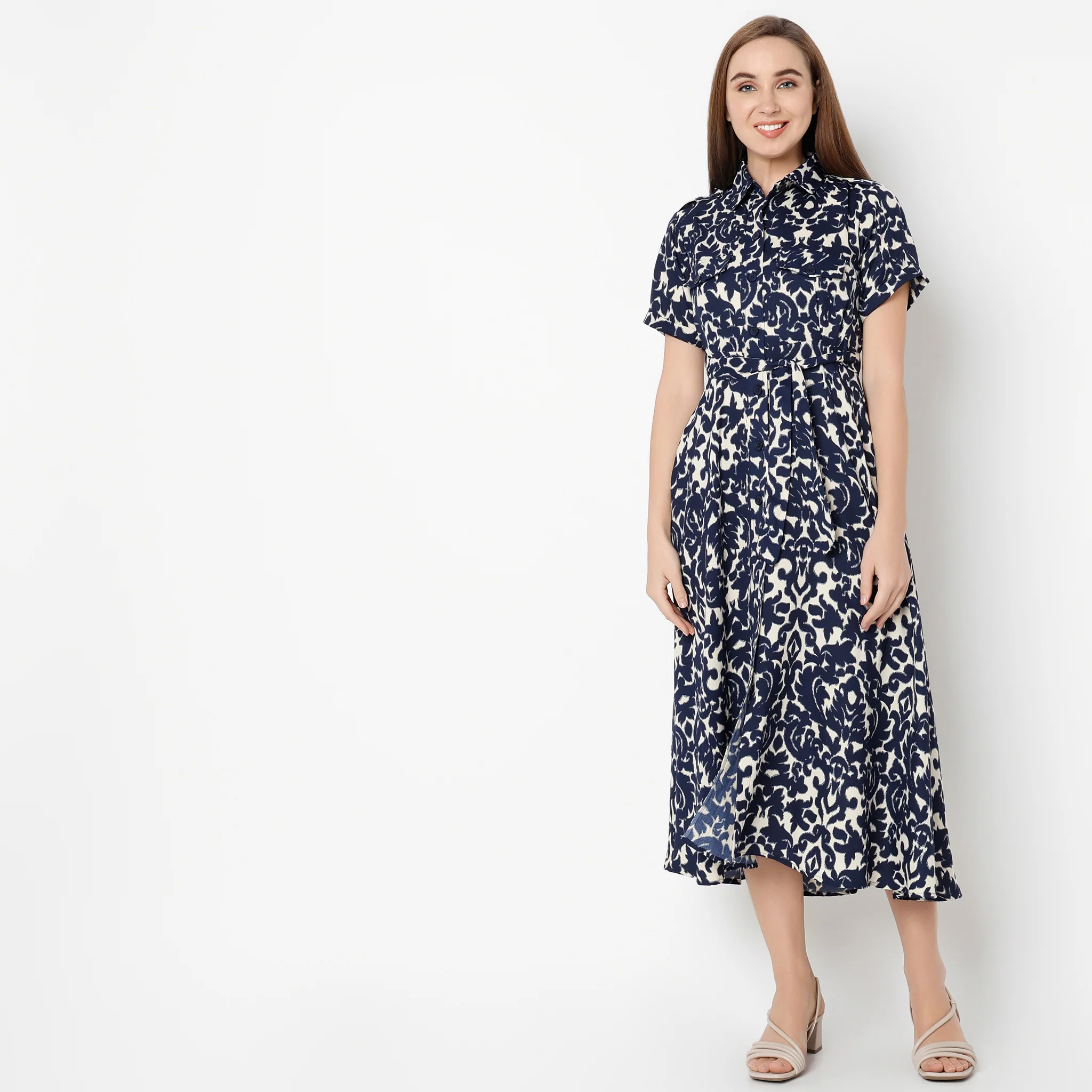 Printed Calf Length Shirt Collar Luxe Short Sleeve Dress - Image 15