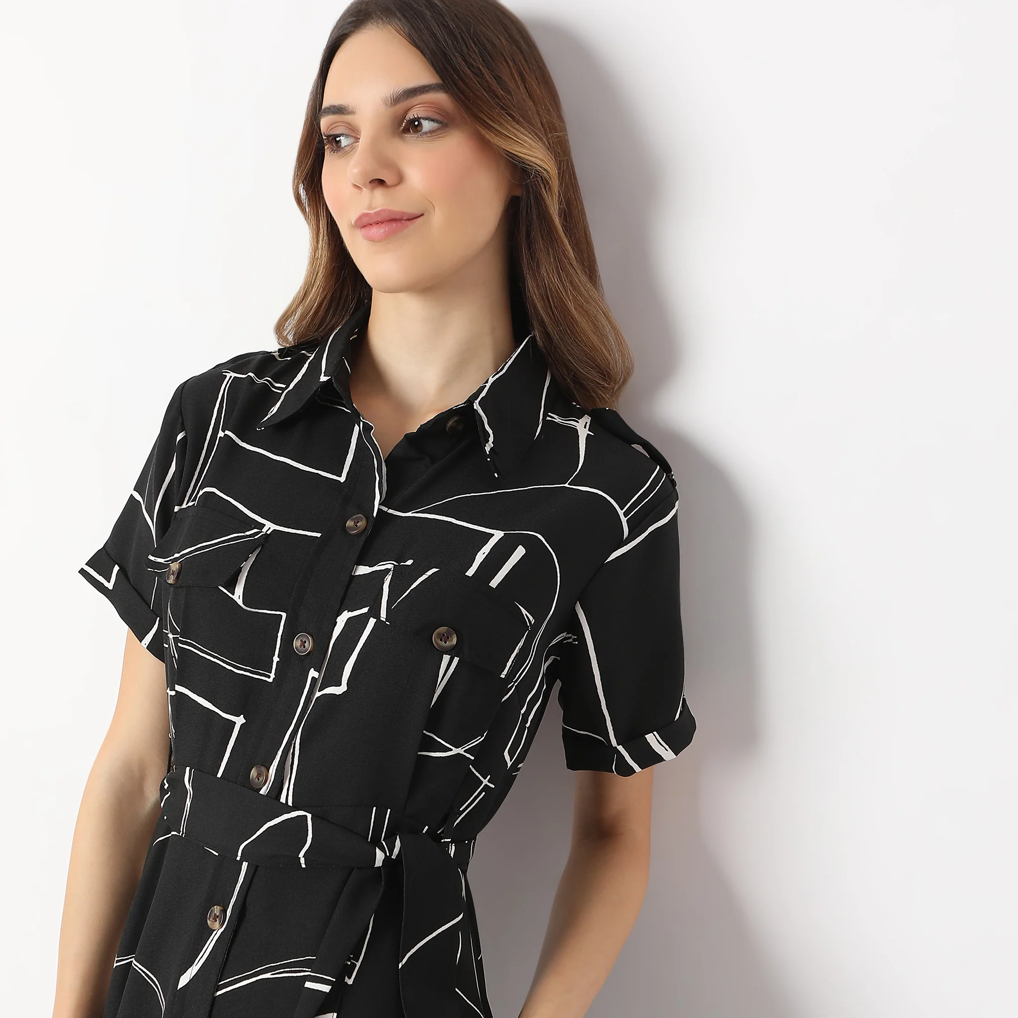 Printed Calf Length Shirt Collar Luxe Short Sleeve Dress - Image 4
