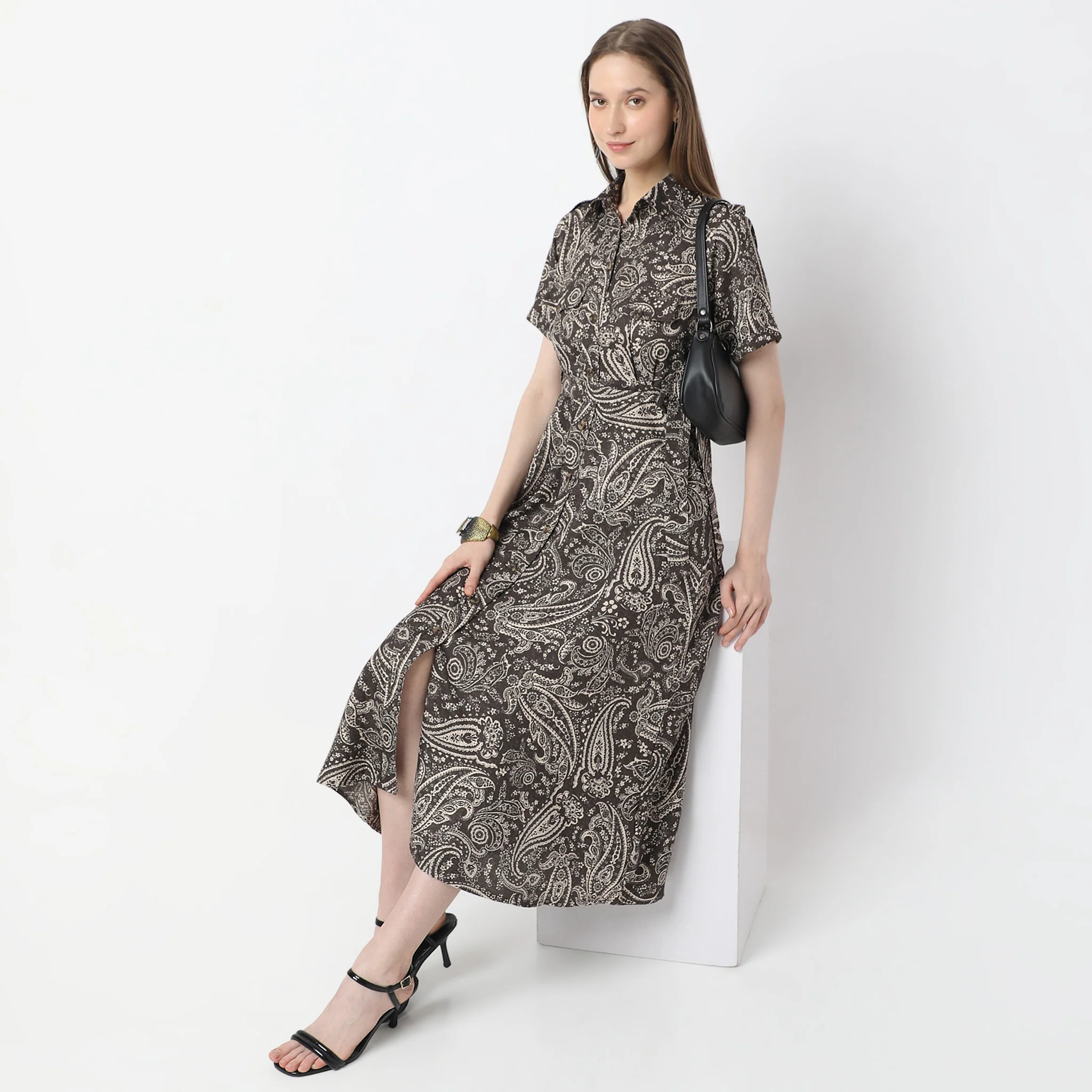 Printed Calf Length Shirt Collar Luxe Short Sleeve Dress - Image 6