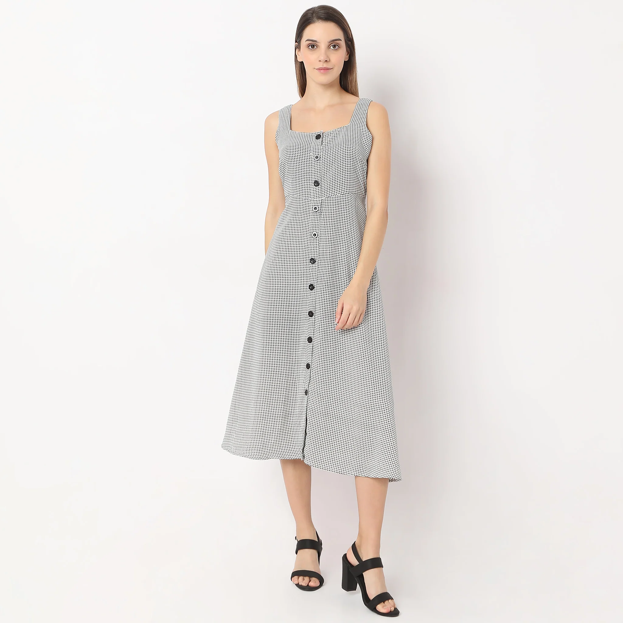 Printed Calf Length Square Neck A Line Sleeveless Dress - Image 2