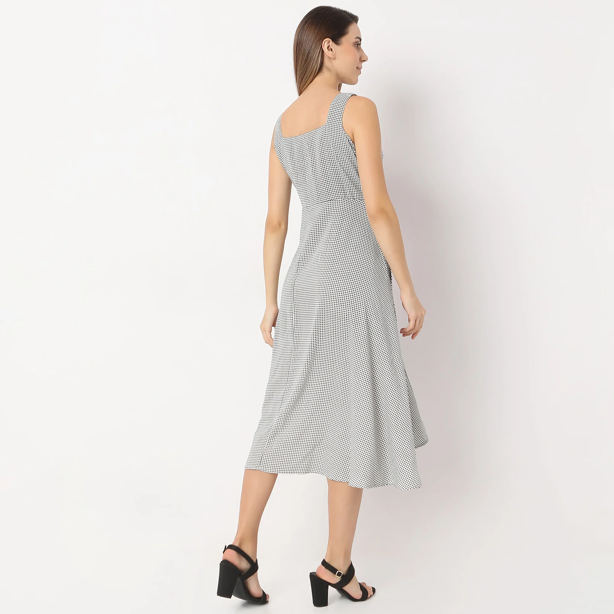 Printed Calf Length Square Neck A Line Sleeveless Dress - Image 3