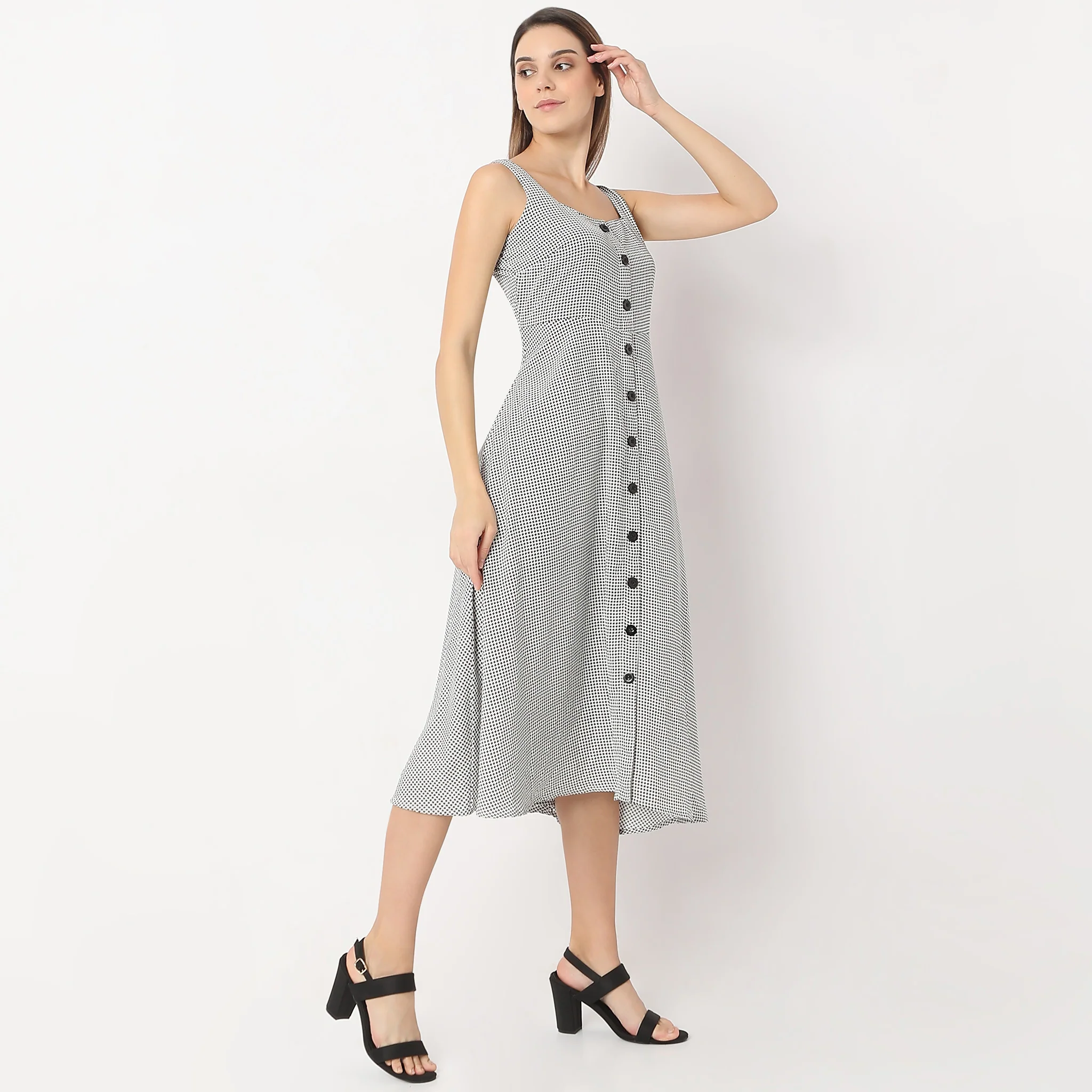 Printed Calf Length Square Neck A Line Sleeveless Dress - Image 5