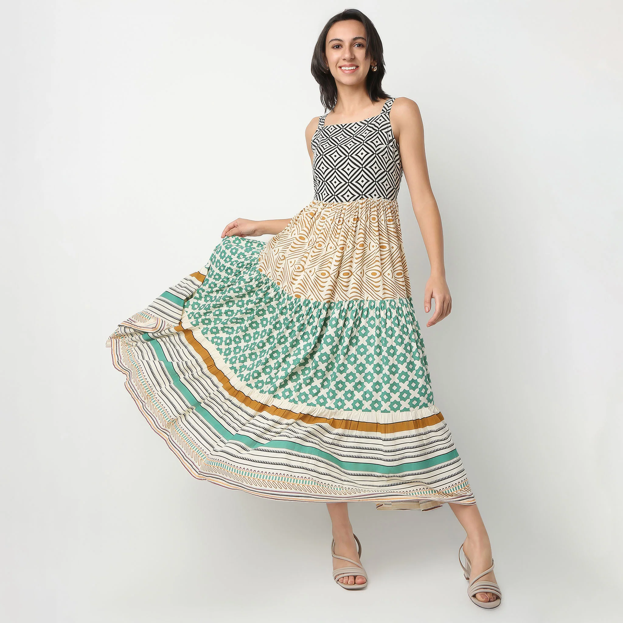 Printed Square Neck Flared Strap Dress