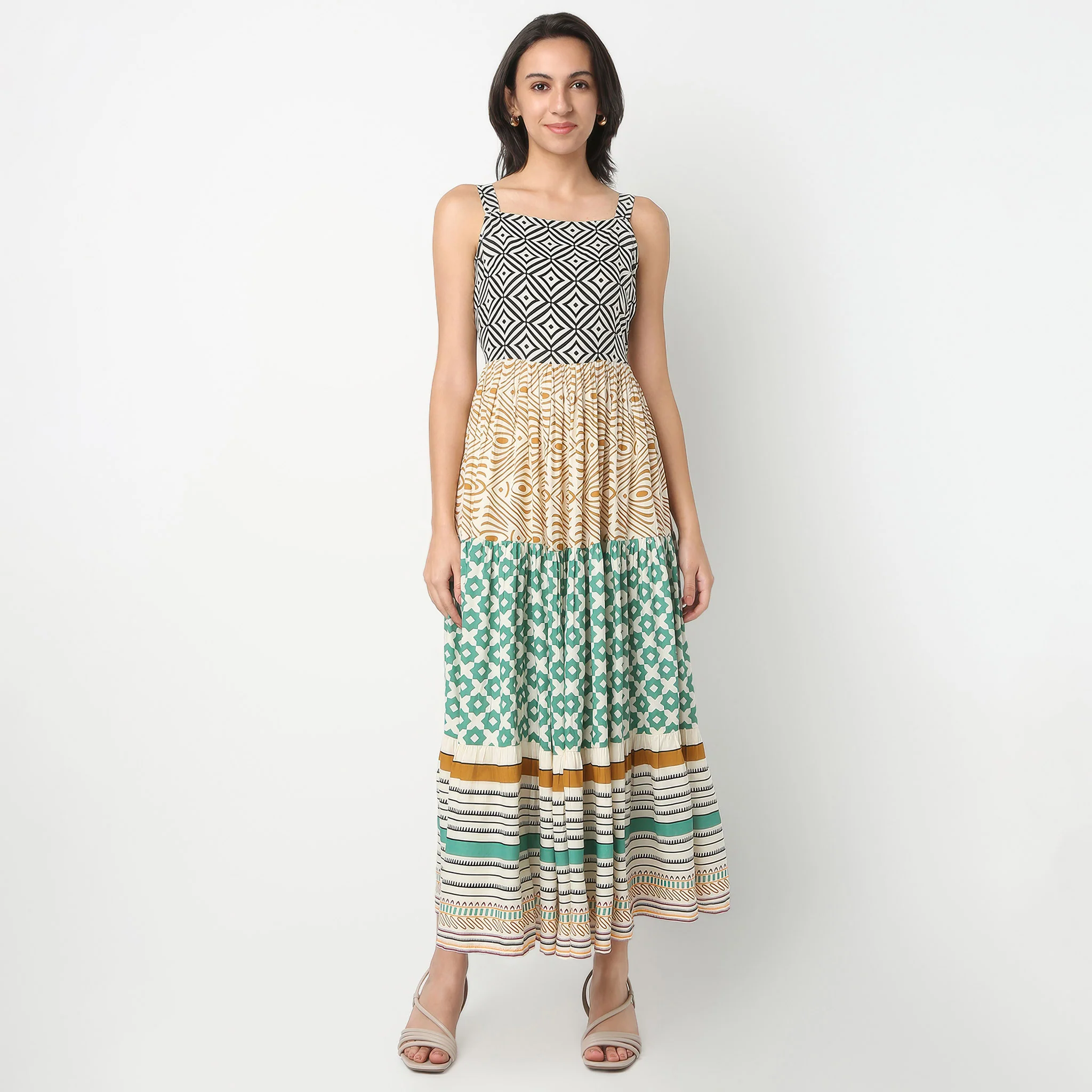Printed Square Neck Flared Strap Dress - Image 2