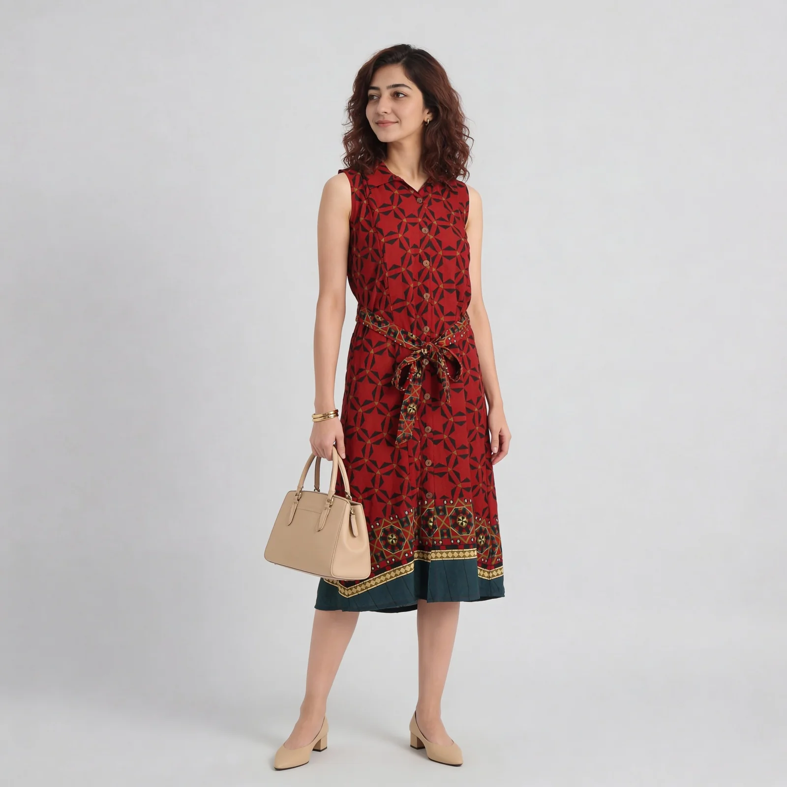 Printed Camp Collar Flared Belted Shirt Dress