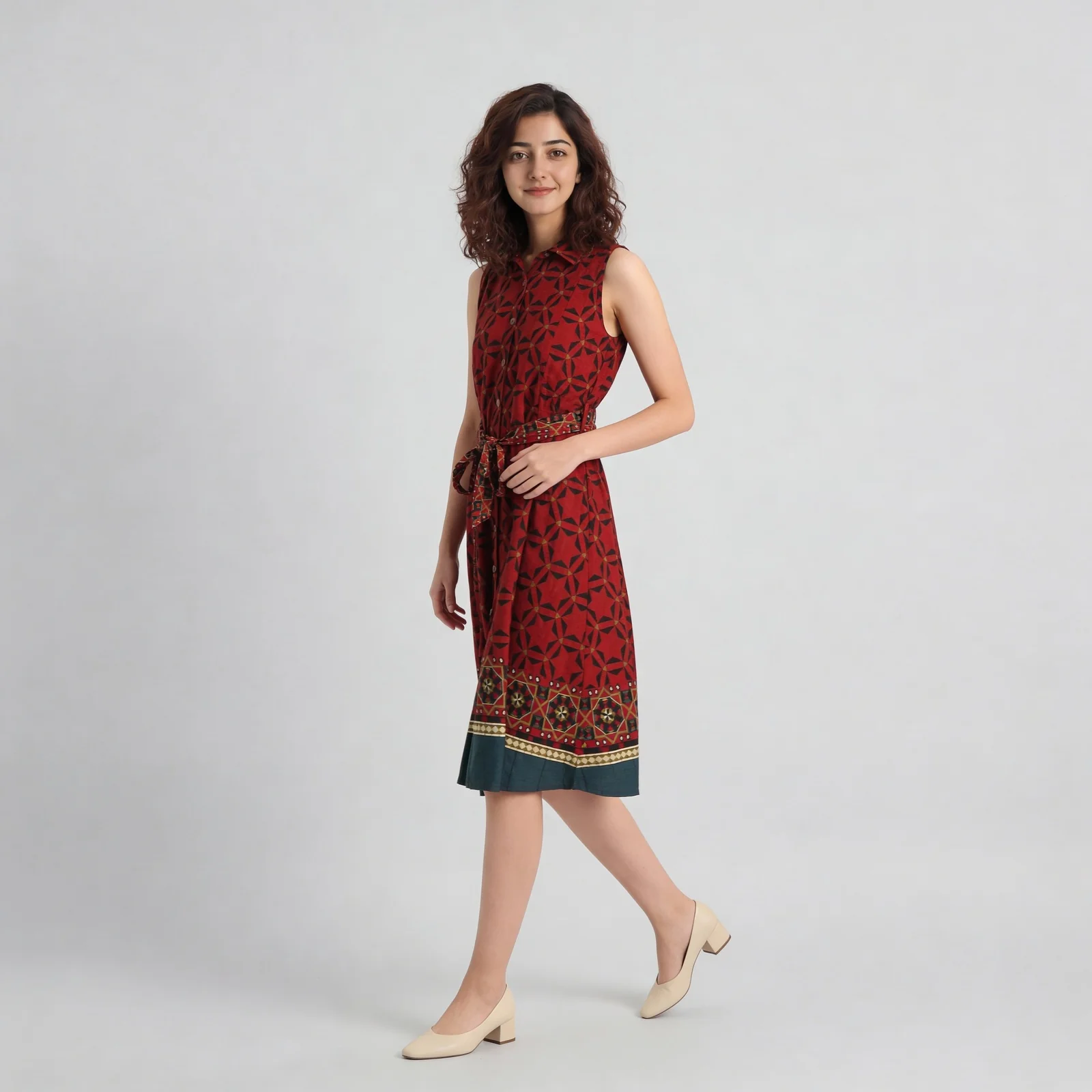 Printed Camp Collar Flared Belted Shirt Dress - Image 2
