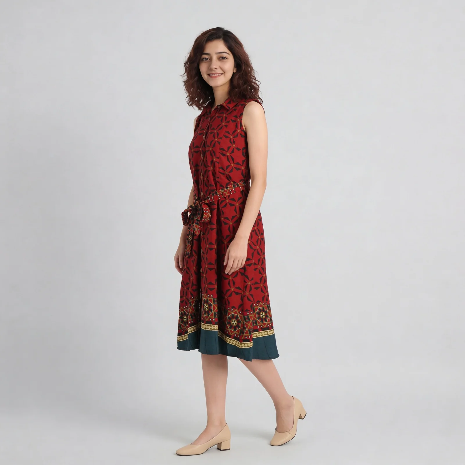 Printed Camp Collar Flared Belted Shirt Dress - Image 5
