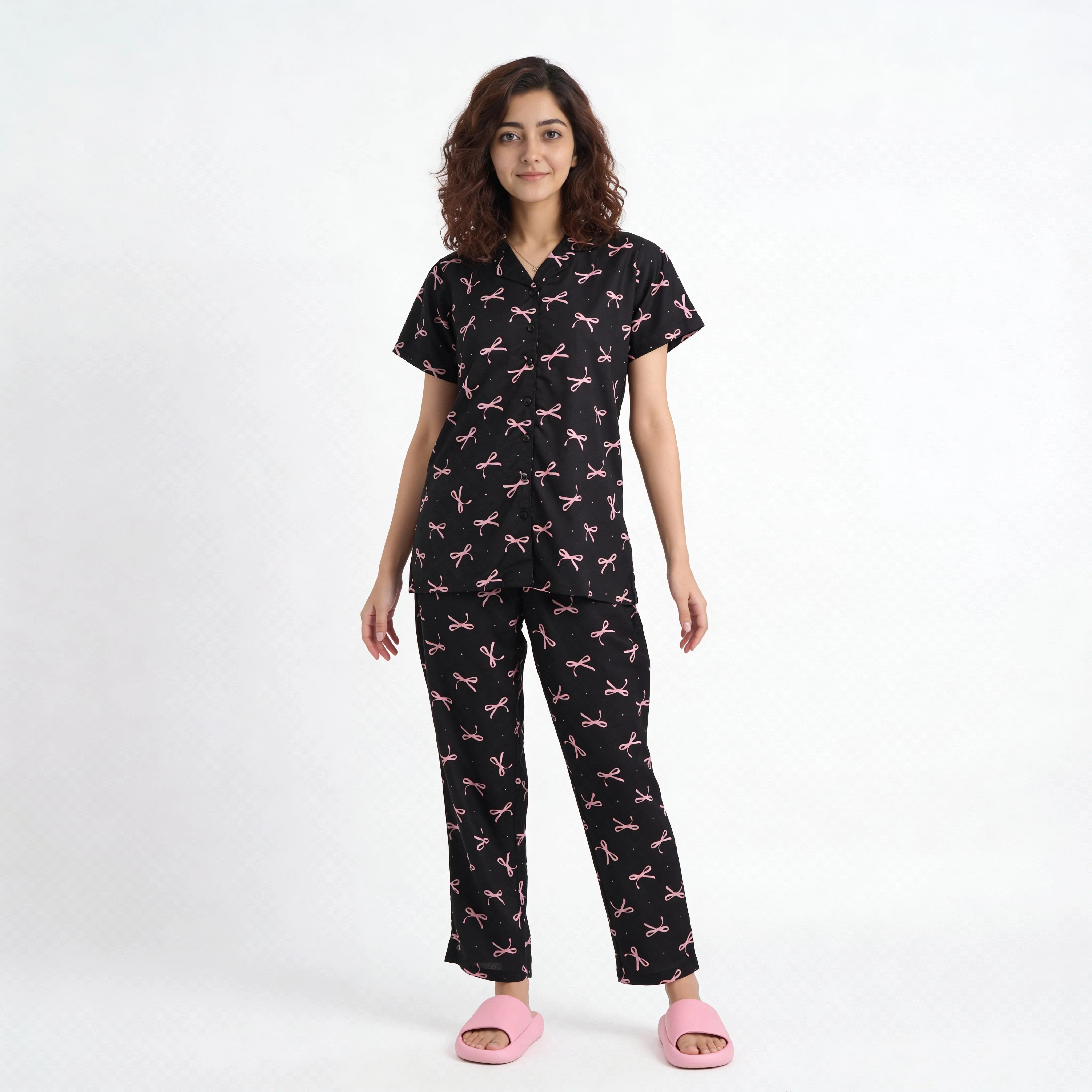 Printed Camp Collar Shirt with Pyjama Set