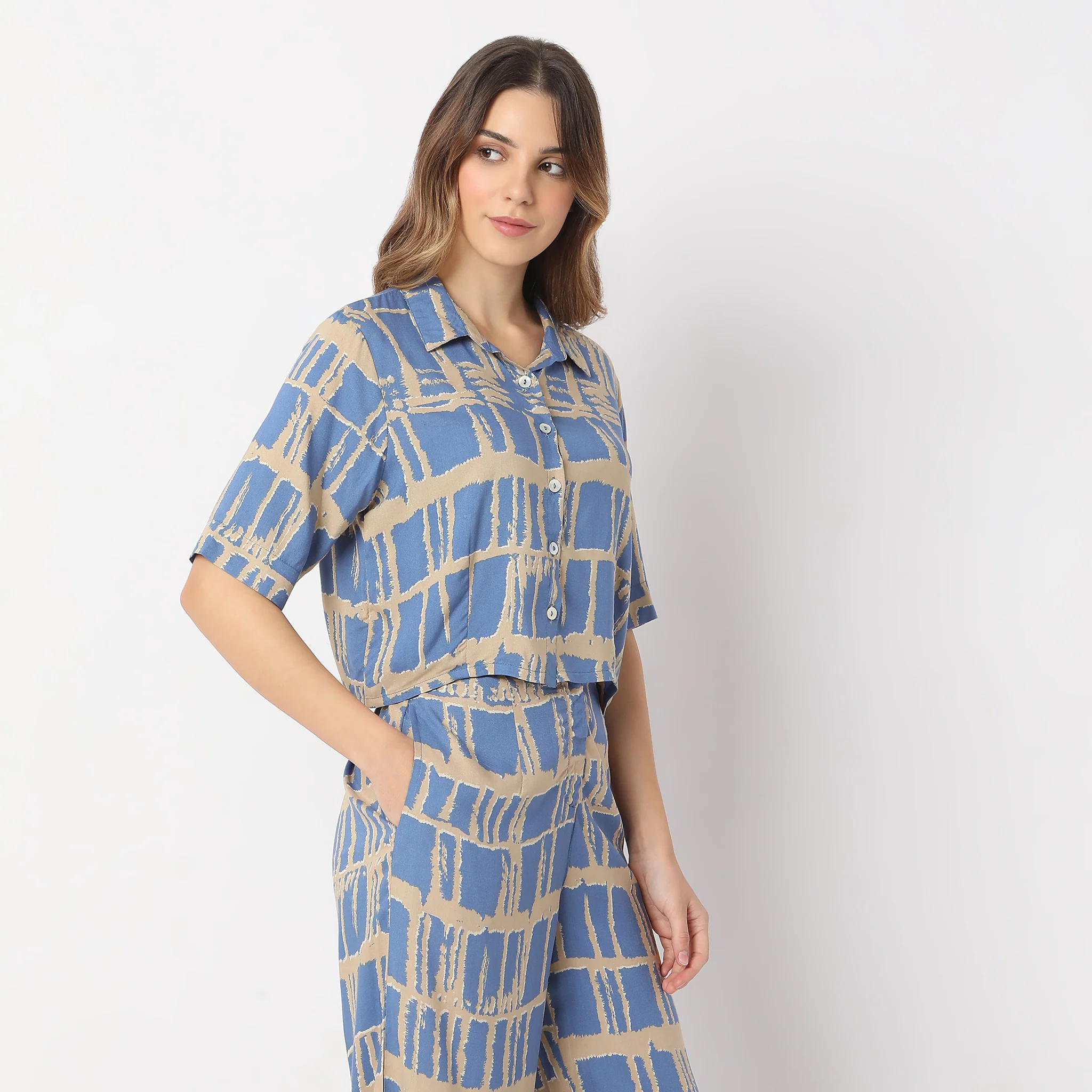 Printed Camp Collar Straight Fusion Top - Image 5