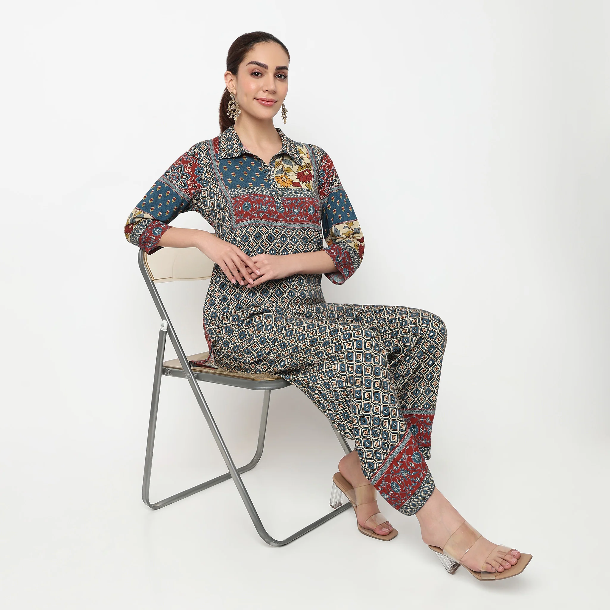 Printed Collar Kurta with Pant Set